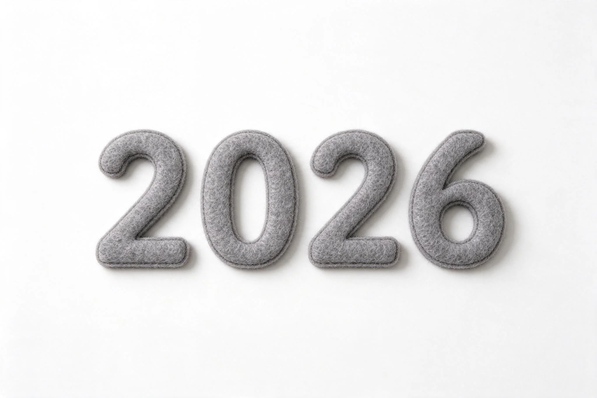 The numerals 2026 in textured warm grey wool felt lie flat on a pure white surface seen from directly overhead.