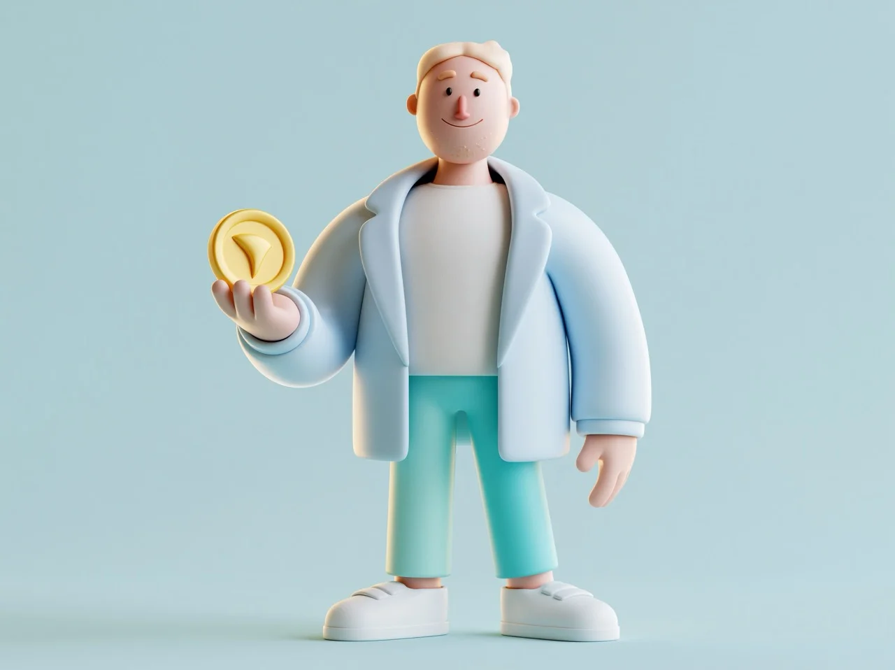 A friendly 3D clay business character smiling while holding an oversized golden coin in a minimalistic pastel studio setting.