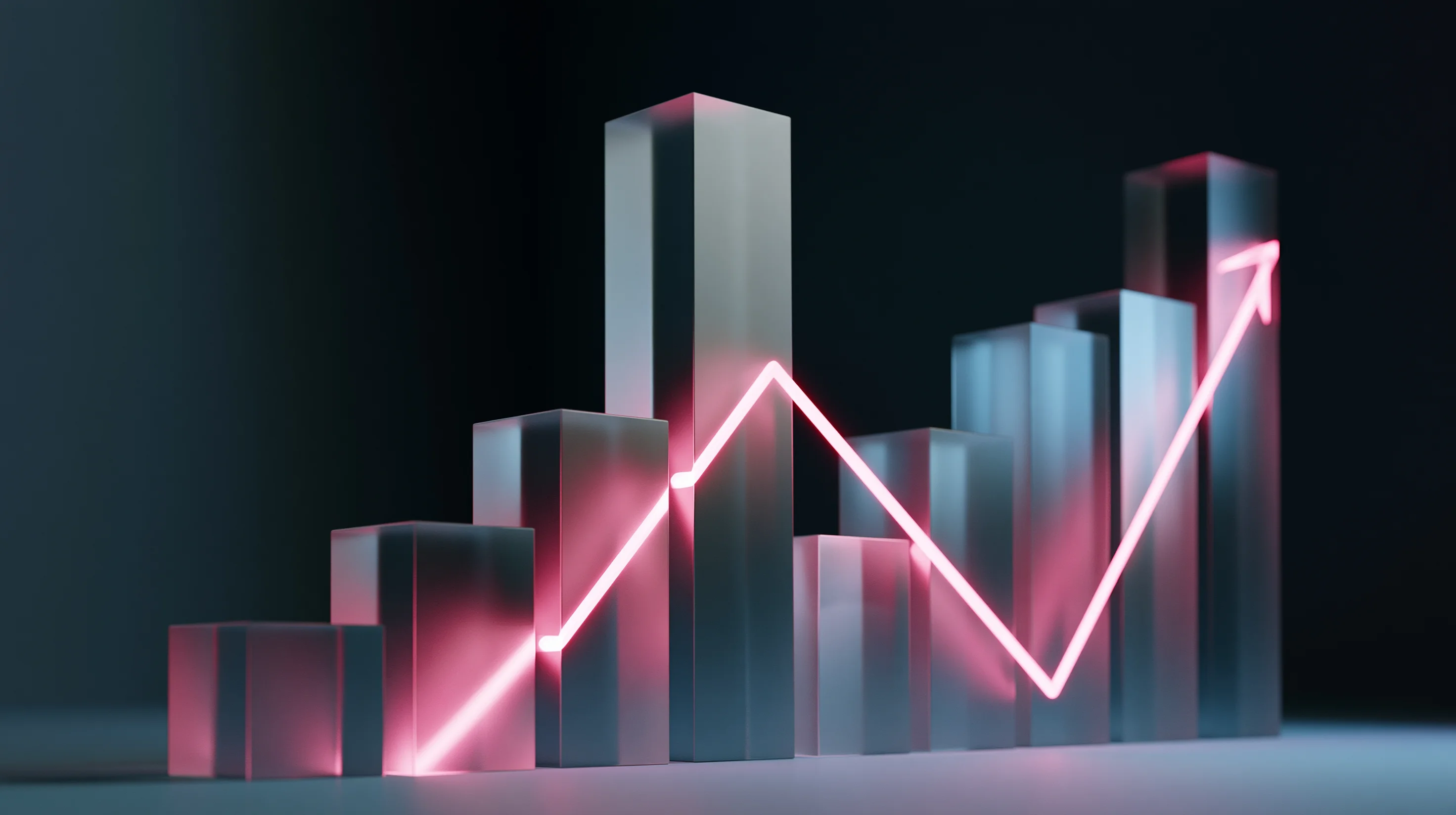 A 3D glass financial chart with glowing neon trend lines standing elegantly against a dark, professional gradient background.