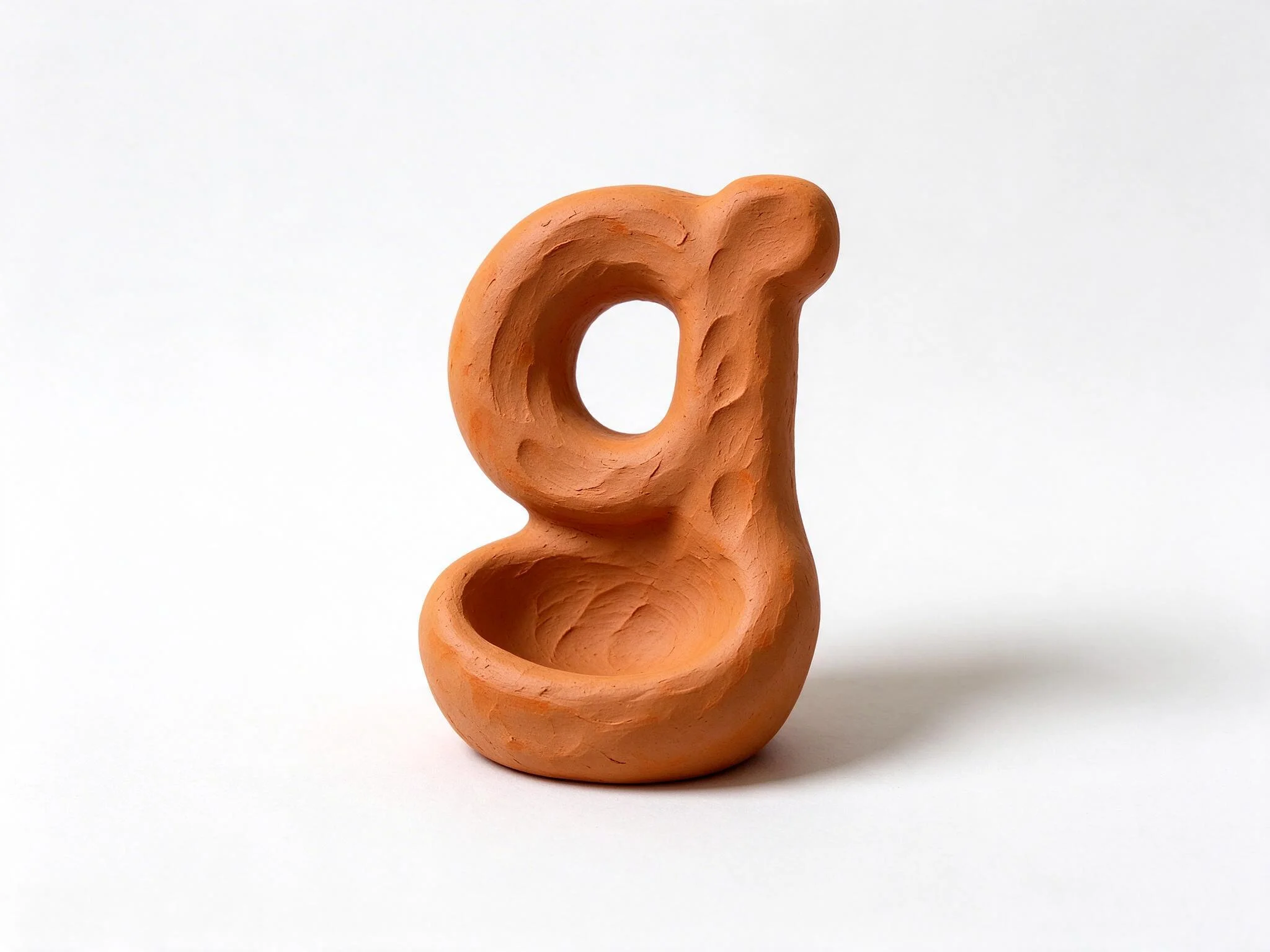 A rough terracotta clay lowercase letter g centered on a pure white background with visible fingerprints.