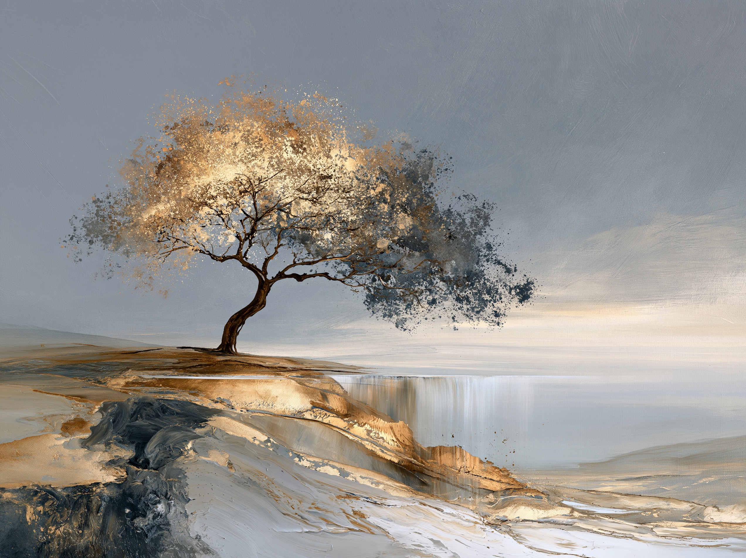 A lone tree reduced to flat blocks of color and shape in this abstract art.
