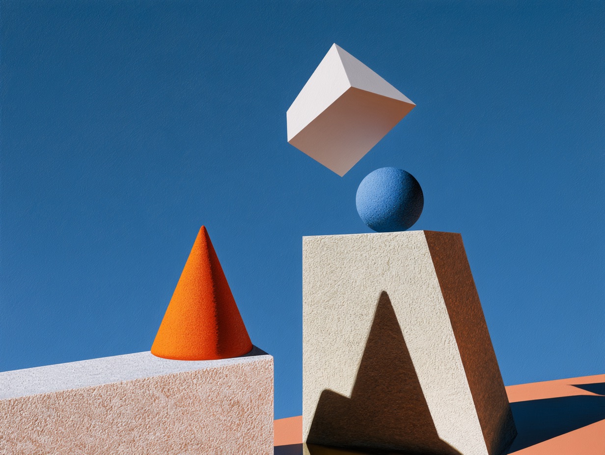 Geometric shapes rendered in abstract illusionism float above a surface with simulated drop shadows.