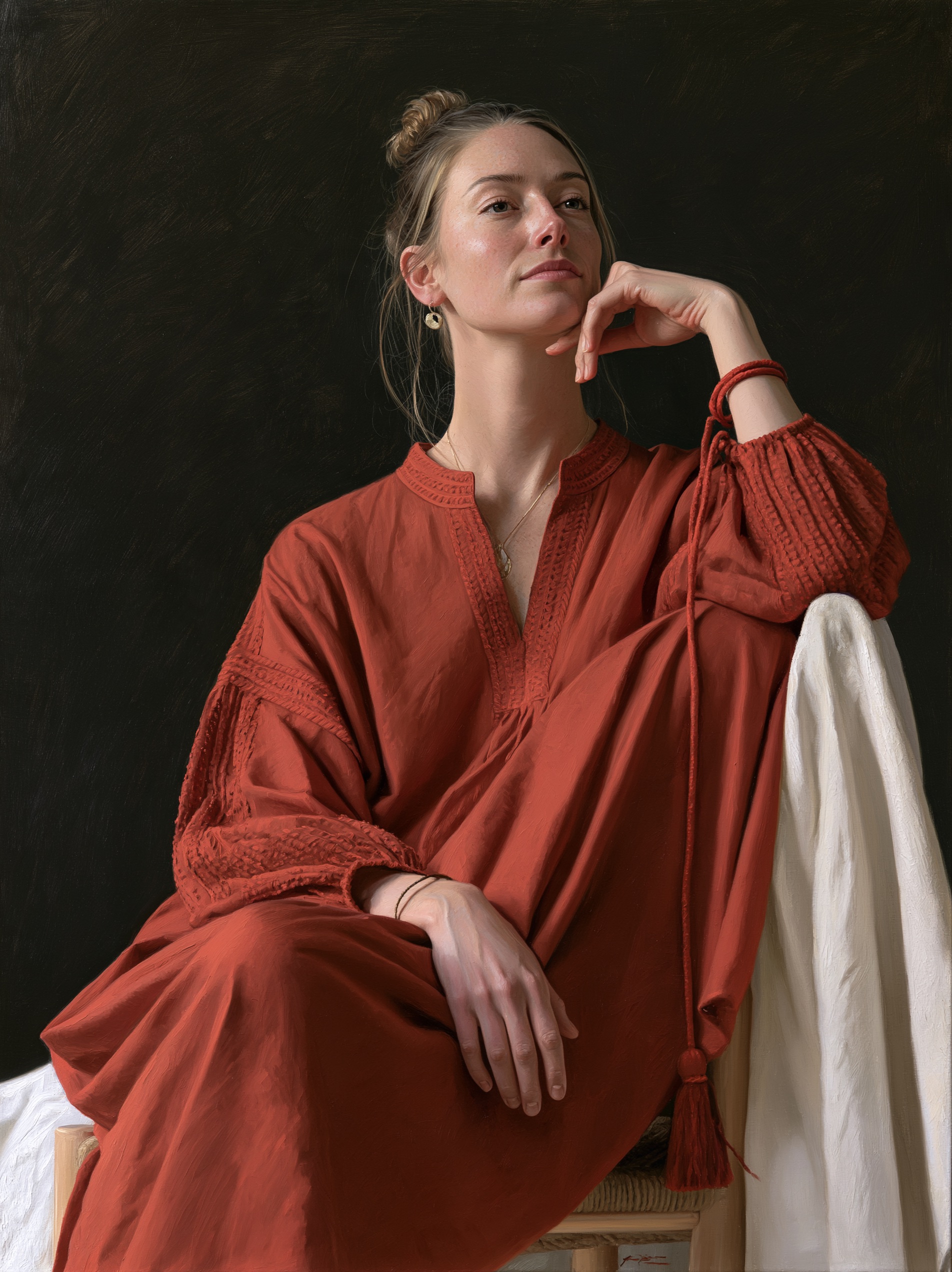 An academic art painting of a seated woman, drawn with flawless lines and a smooth, invisible brush surface.