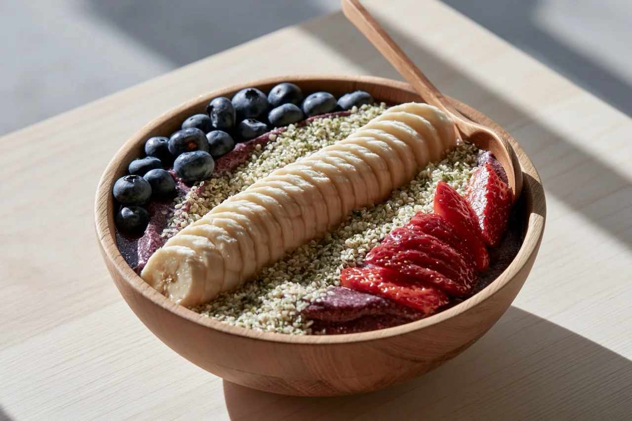 A beautifully arranged acai bowl topped with neat rows of sliced bananas, fresh berries, chia seeds, and granola on a marble surface.