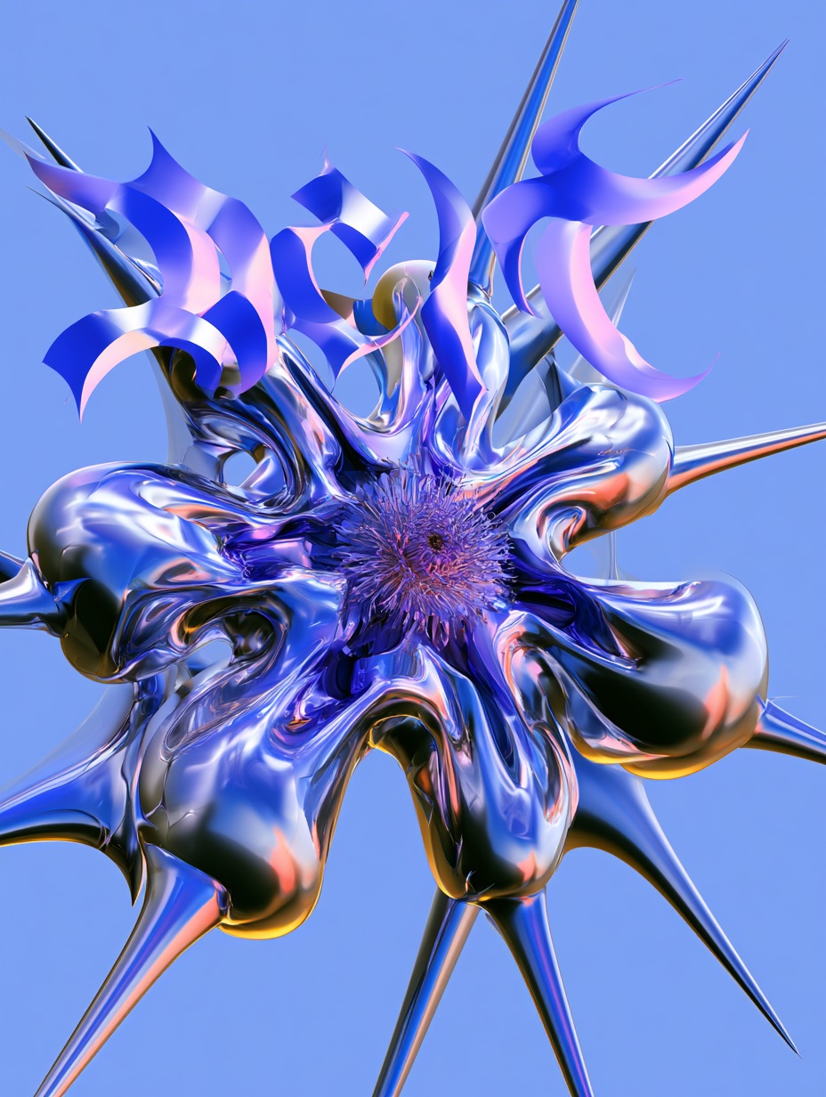 A music poster in the Acid graphic aesthetic, featuring a warped liquid chrome flower against a vibrant neon gradient.