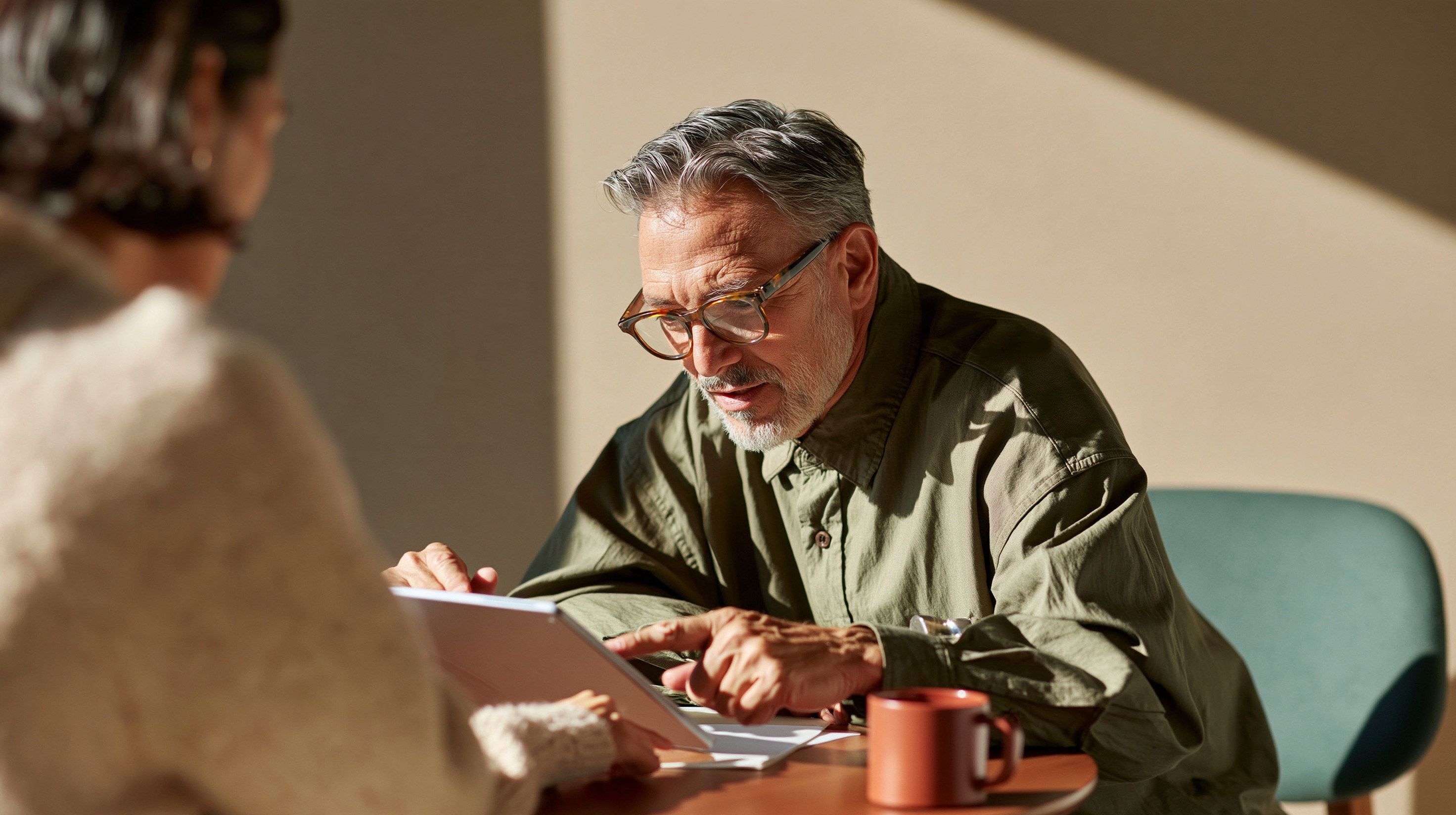 An advisor leans over a client's shoulder to point at a tablet on a round walnut table, lit by soft window light.