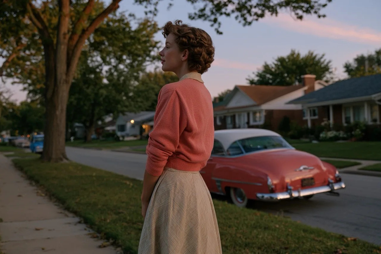 A person in 1940s clothing stands on a quiet suburban sidewalk at dusk, with a vintage car nearby, evoking anemoia.