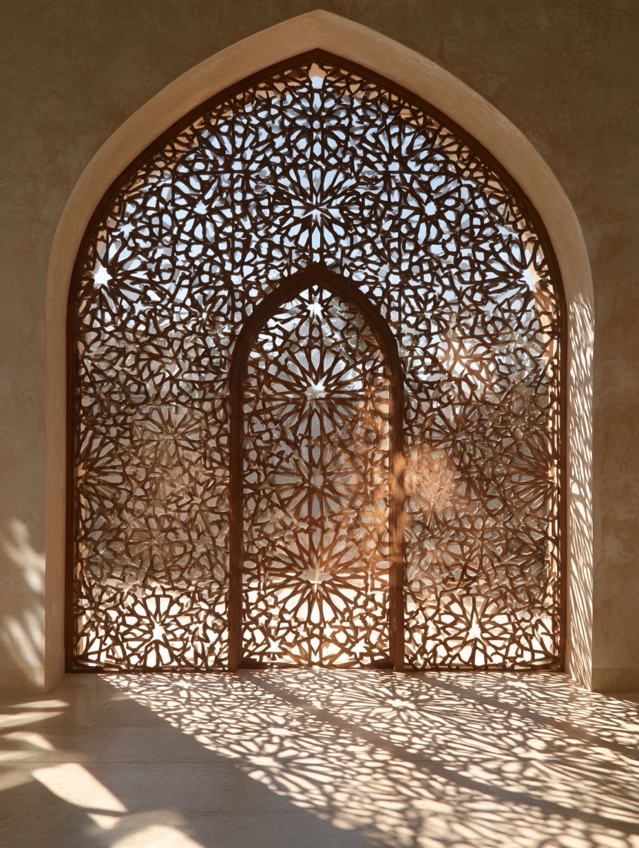 Sunlight streams through a wooden lattice window carved in an intricate Arabesque pattern, casting delicate shadows.