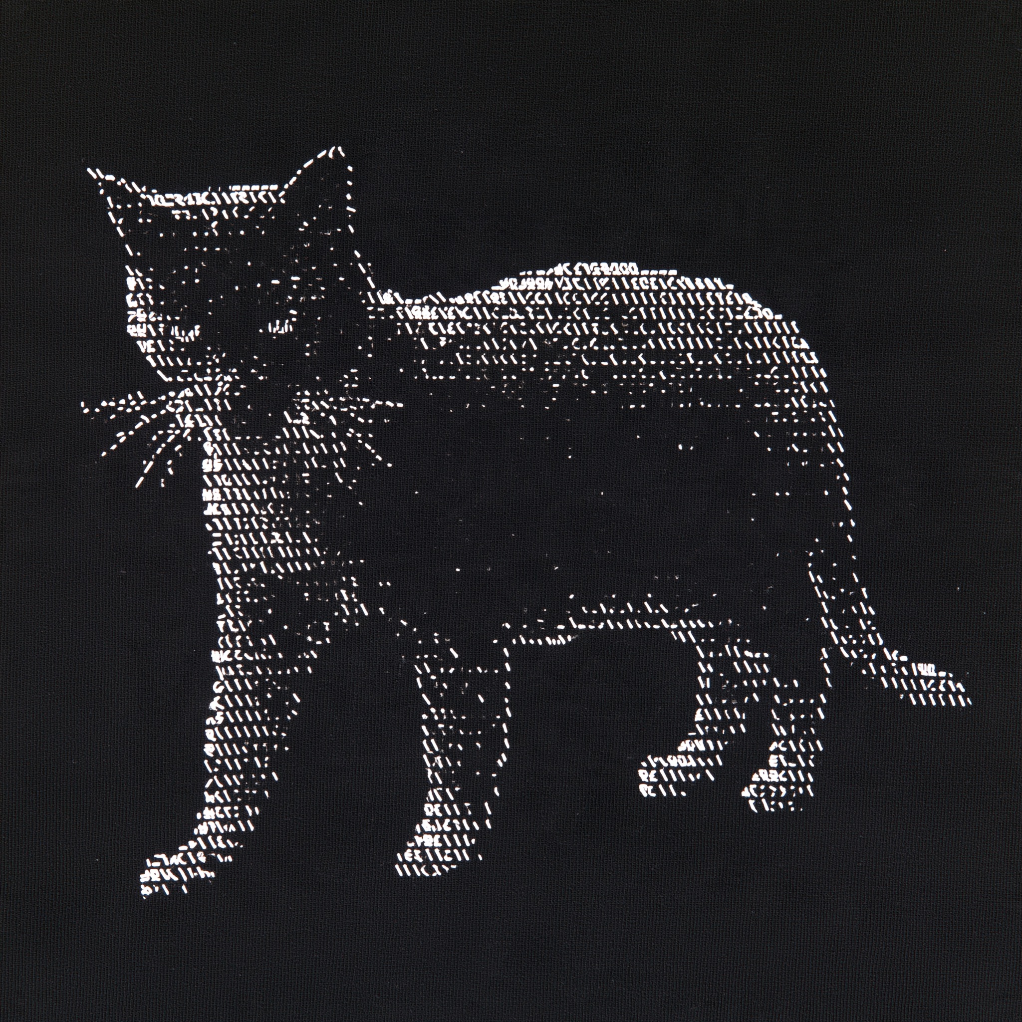 A cat rendered in monochrome ascii art using dense typographic characters and punctuation marks.