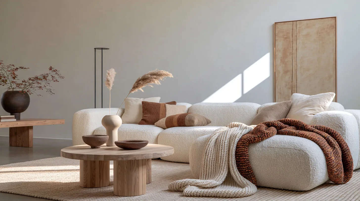 A cozy living room with a plush sofa and knitted throws bathed in an autumnal palette.