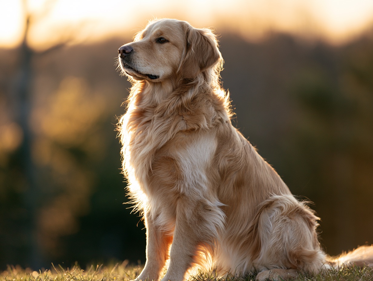 A golden retriever rests outdoors as strong warm sunlight produces a distinct backlit fur halo around its silhouette.