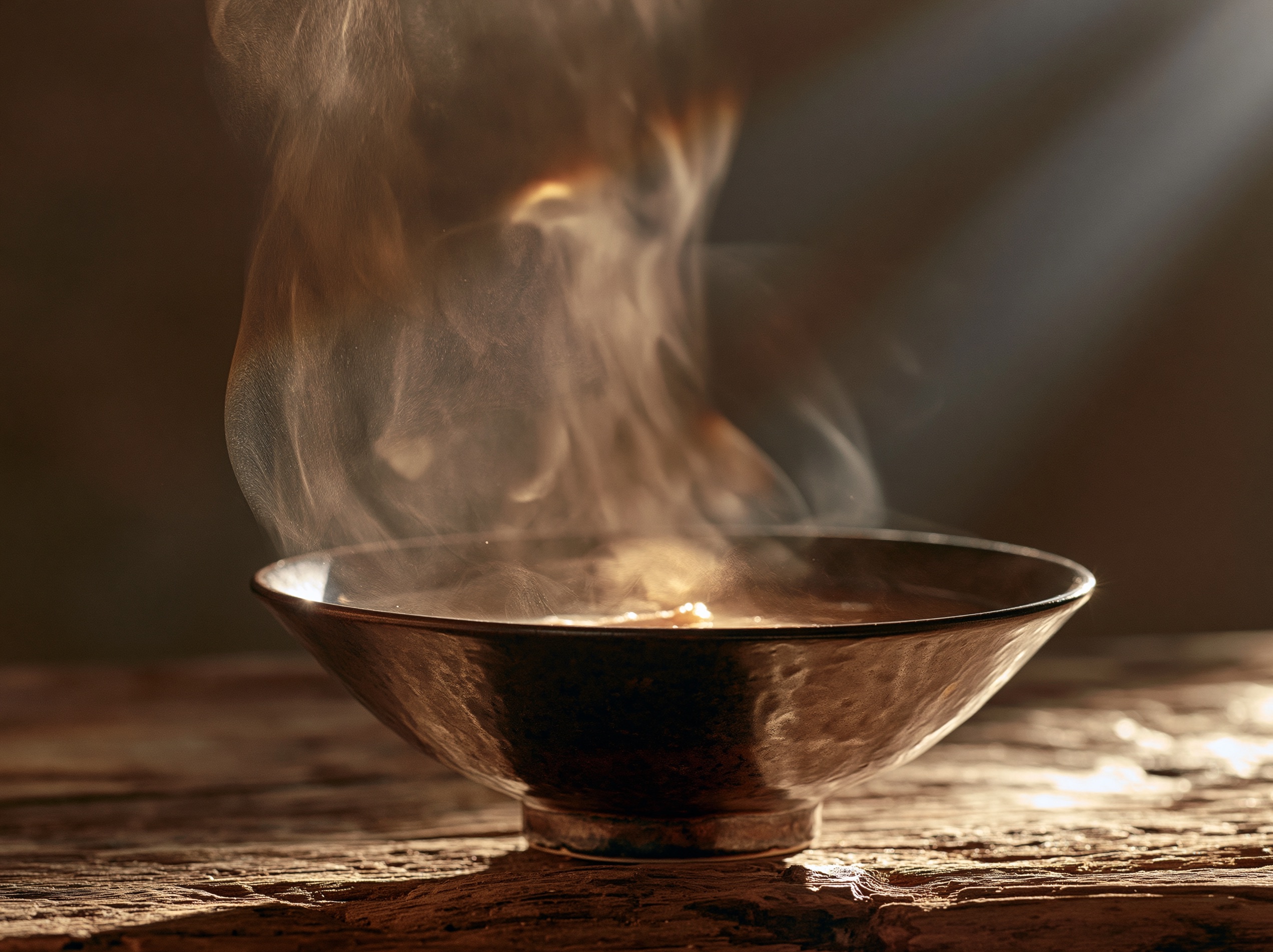 Luminous backlit steam rises gracefully from a dark ceramic bowl of hot ramen placed on a rustic wooden table.