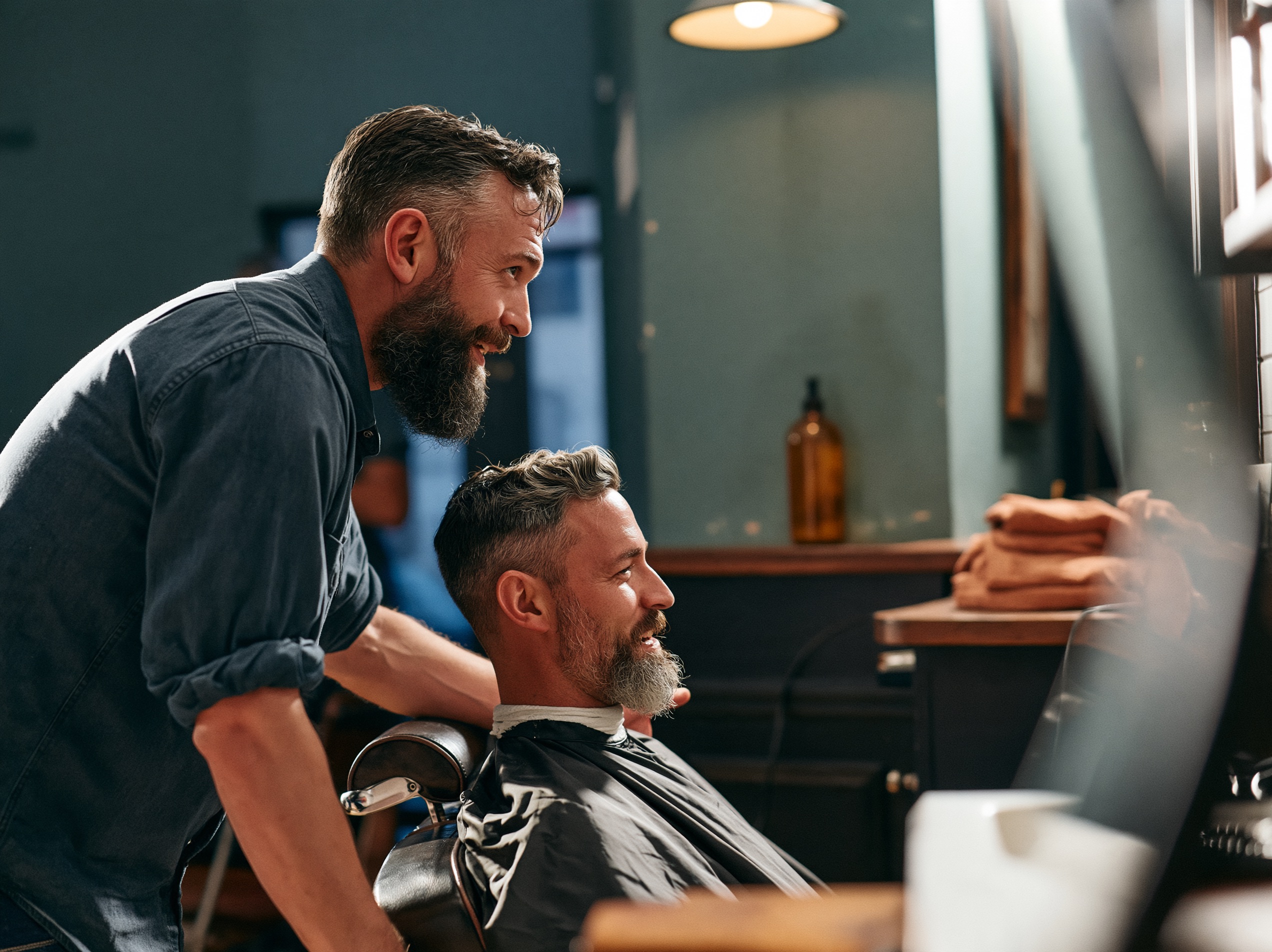 A barber in his thirties leans toward a client seated in a barber chair, both in profile under warm pendant light.