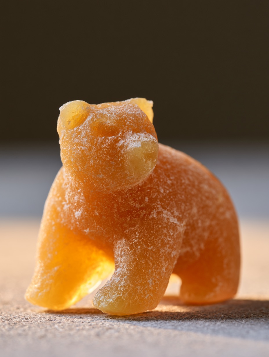 A small carved bear figurine made of warm yellow beeswax, glowing under a soft, warm light against a dark background.