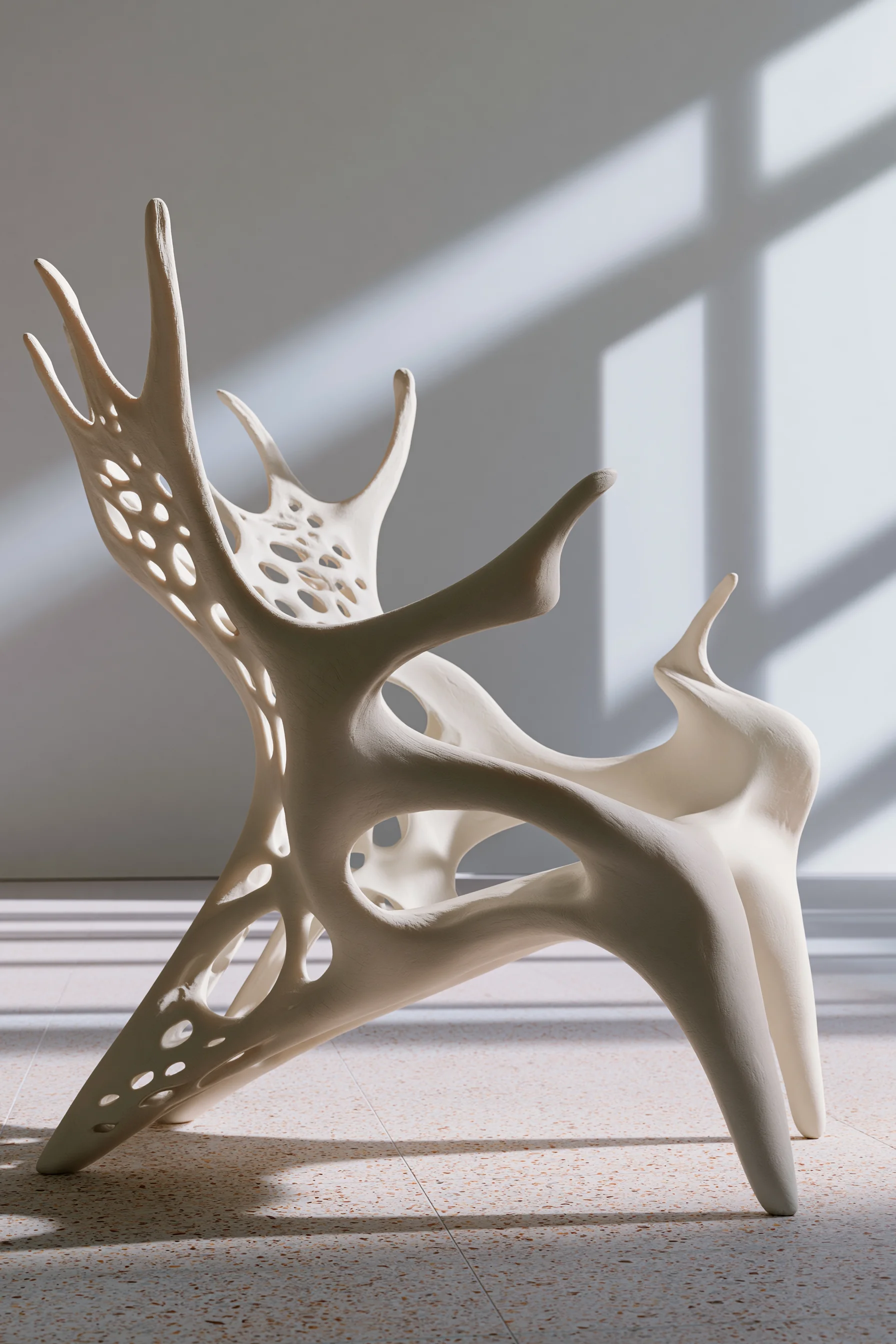 An armchair resembling bone structures and leaf veins, with smooth white flowing curves and seamless organic joints.
