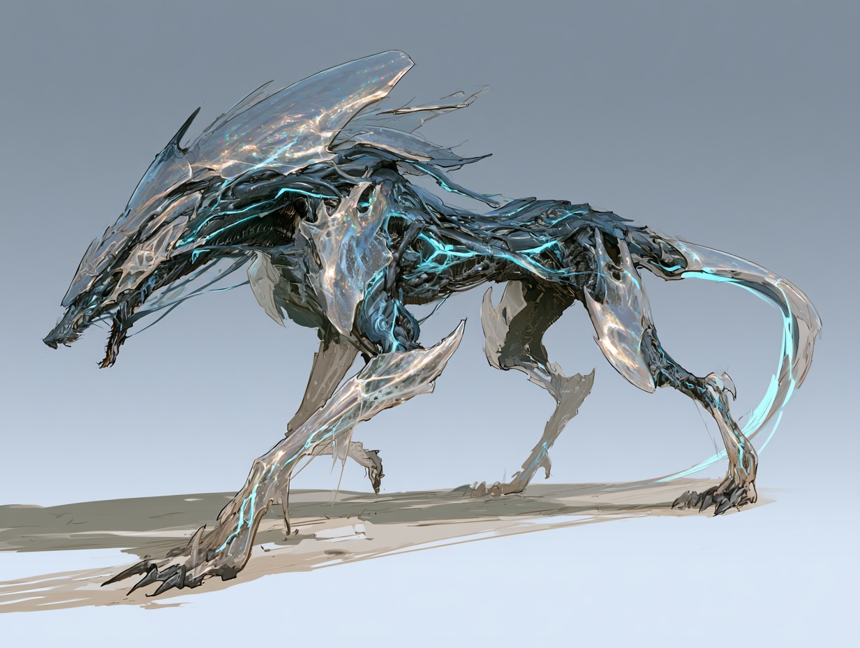 A sleek hound rendered in Biopunk aesthetic, featuring translucent chitin armor plates and glowing bioluminescent veins.
