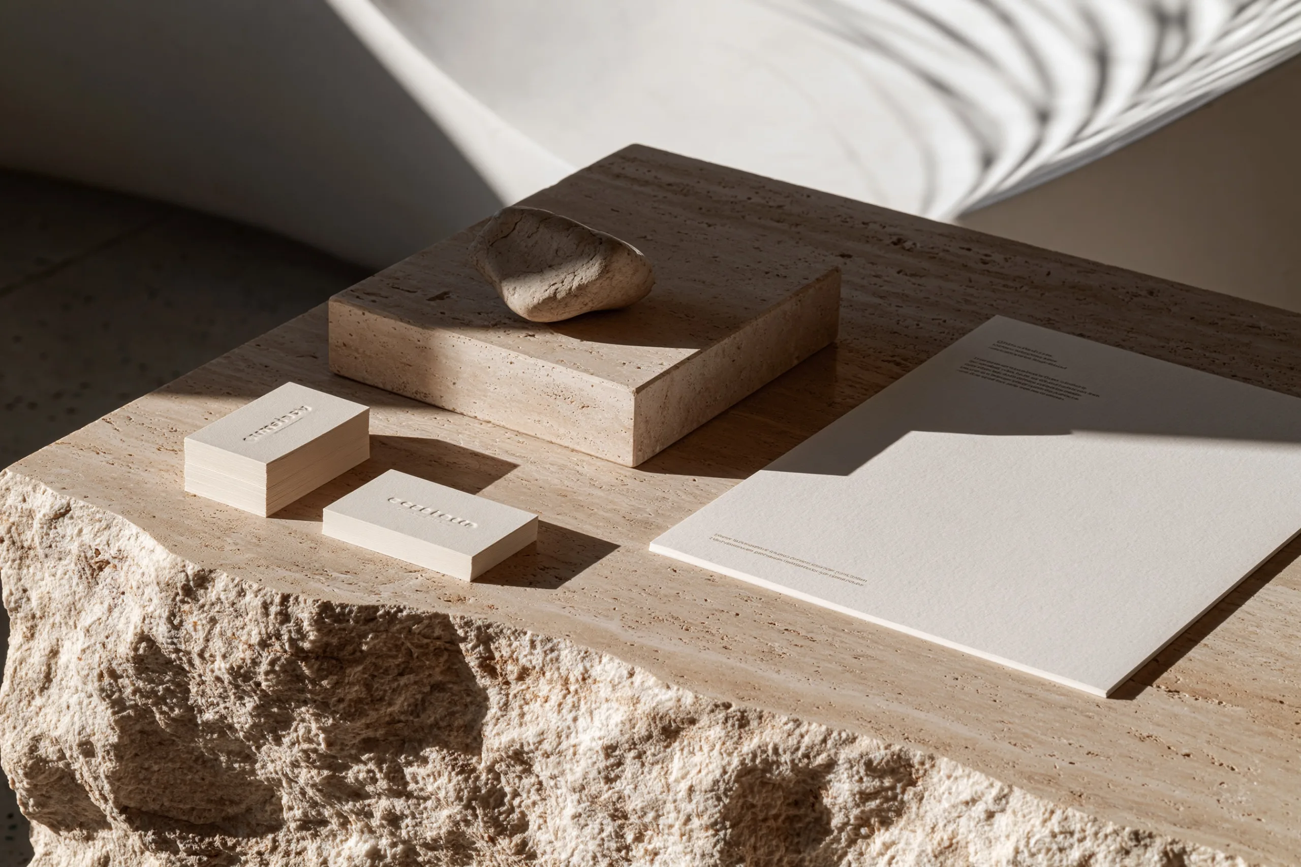 A minimalist brand identity mockup with neutral-toned business cards and stationery arranged on a warm stone surface.
