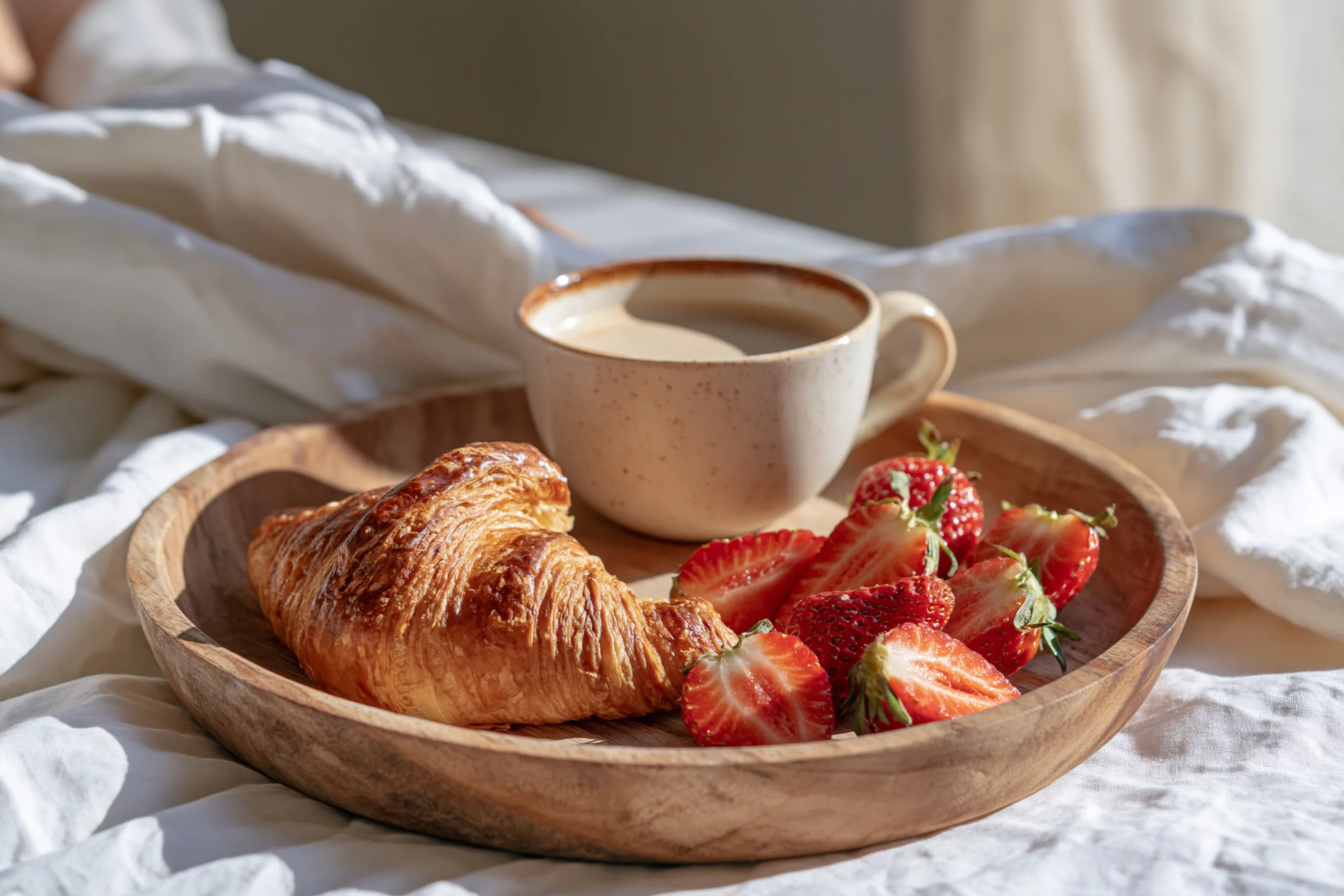 A cozy breakfast in bed featuring warm croissants, fresh berries, and steaming coffee on a wooden tray atop messy white linen.