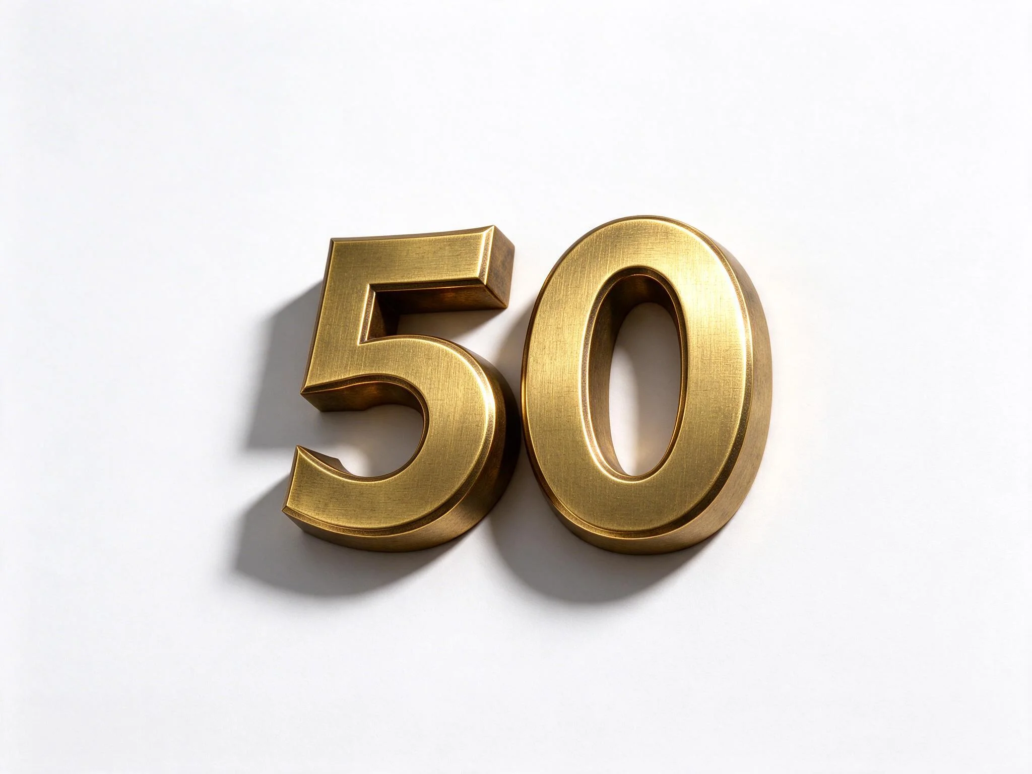 The number 50 rendered in brushed brass with horizontal grain, standing on a white studio background with a sharp shadow.