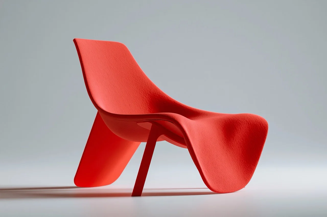 An iconic armchair in striking cadmium red set against a neutral concrete background.