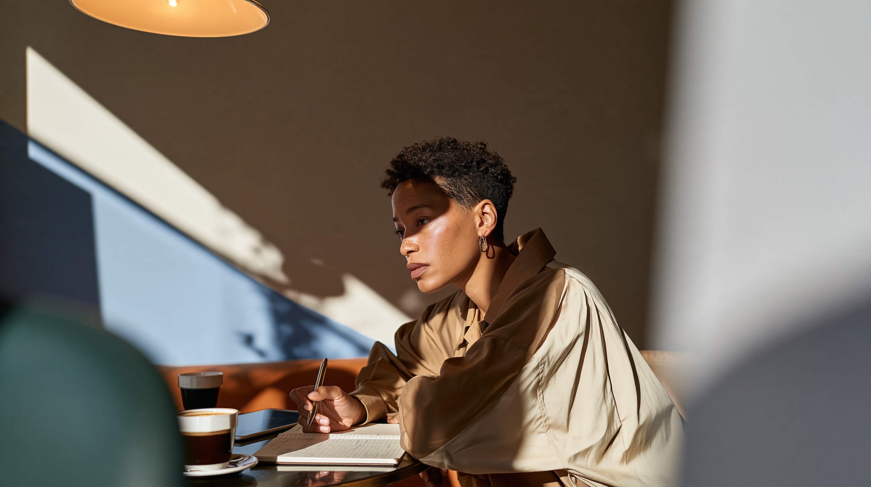 A woman writes in a ledger at a small round café table, espresso cups beside her tablet, cool dusk blue at the window.