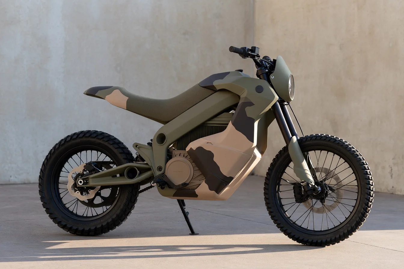 A minimalist adventure motorcycle painted in a rugged camouflage palette, parked against a clean concrete wall.