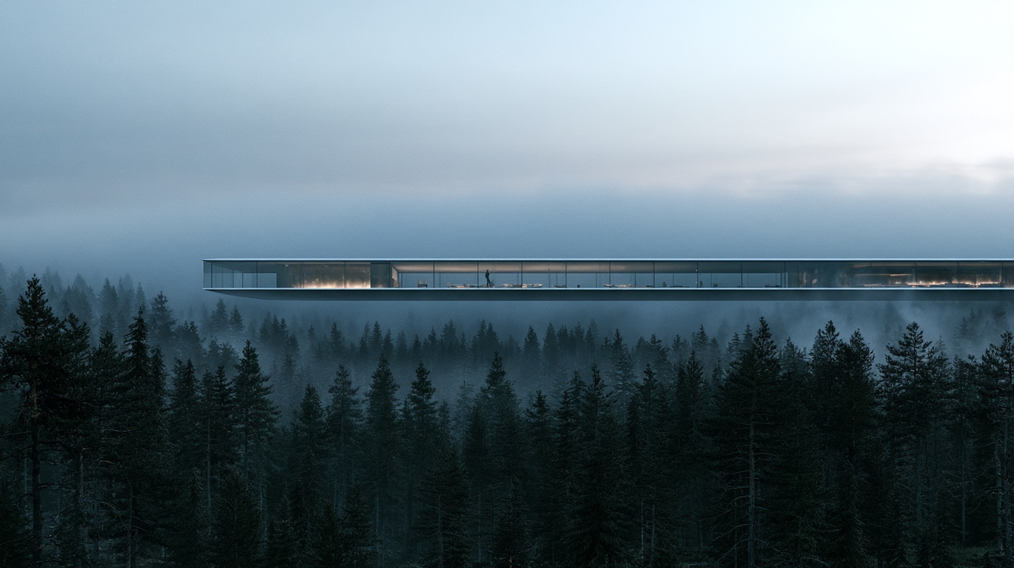A sleek cantilevered glass pavilion sits poised over a misty forest valley under soft ambient morning twilight.