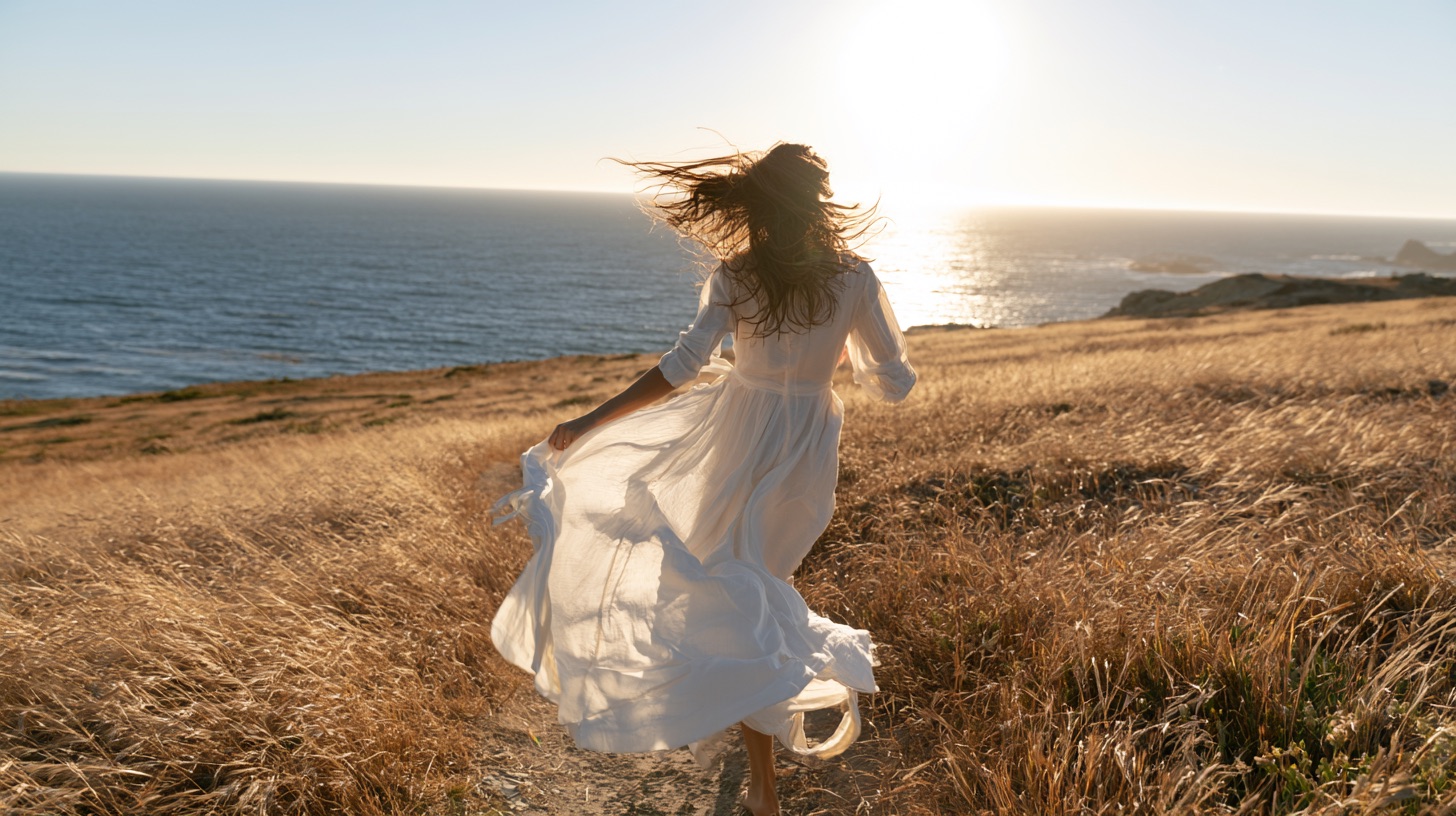 A carefree woman walks along a sunlit coastal trail in warm afternoon light, her hair caught in a sea breeze.