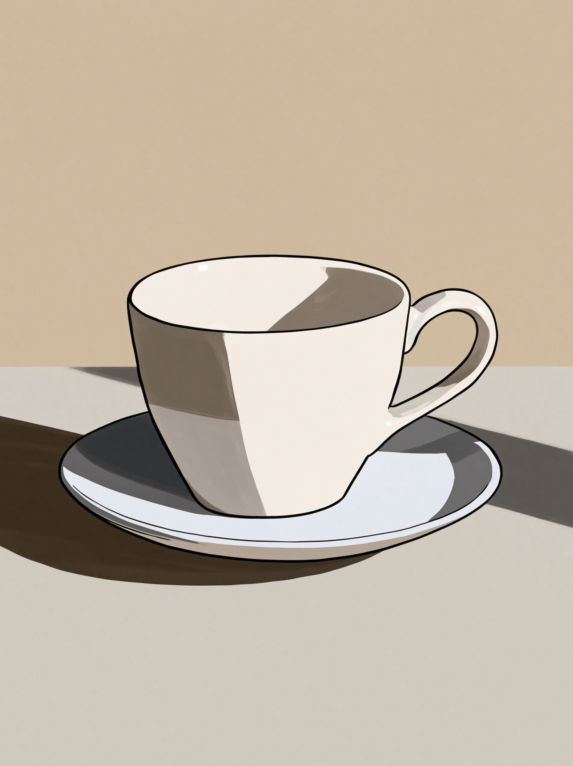 A cel-shaded ceramic teacup sits on a plain tabletop, its surface split into crisp bands of flat teal, white, and dark blue with bold black contour lines — like a hand-painted animation cel brought in