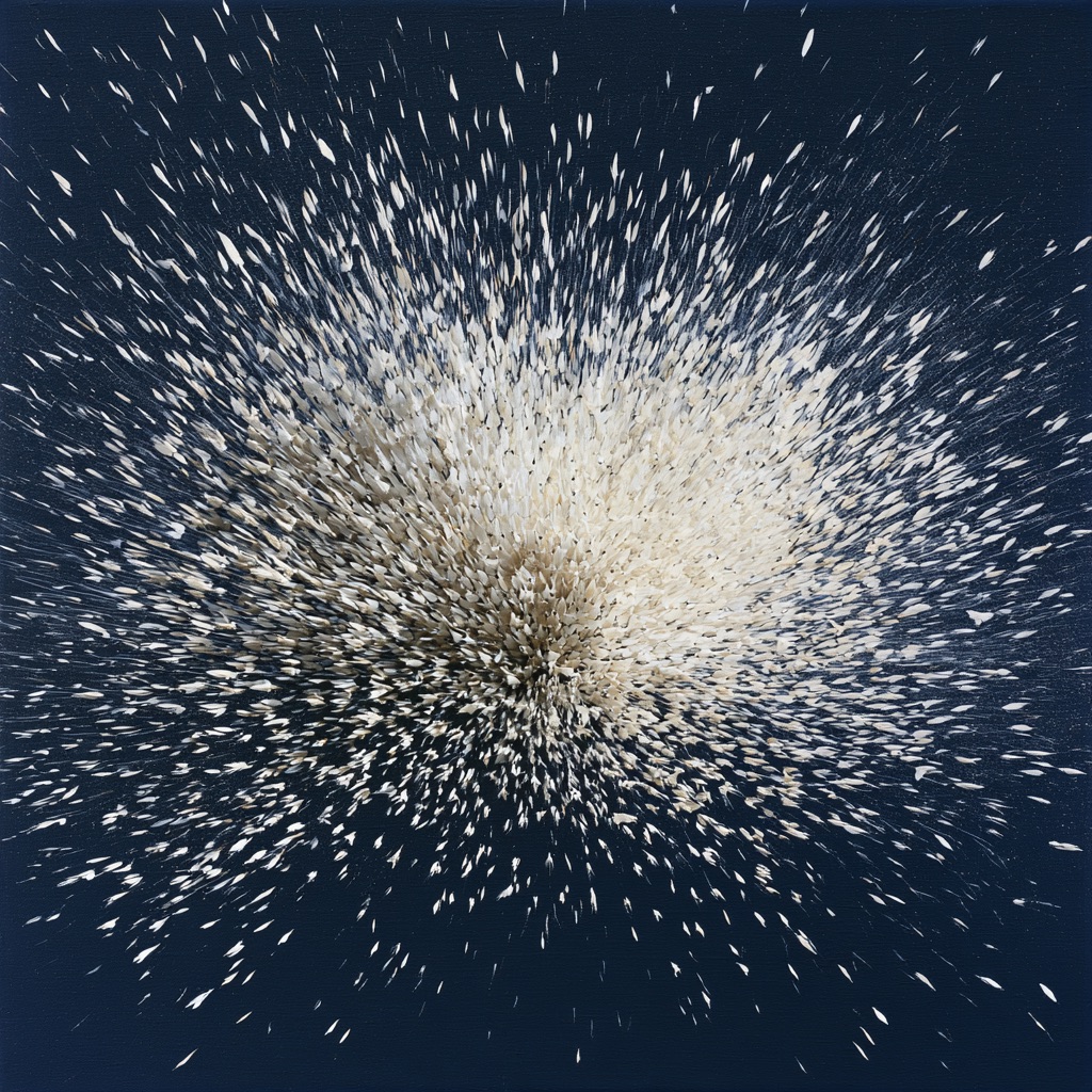 Centrifugal composition shows a flock of white starlings erupting outward from the center of a quiet dark sky.