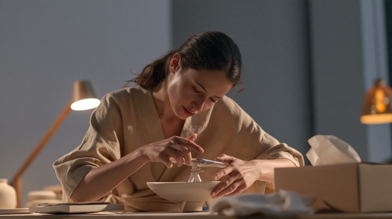 A ceramicist leans over her workbench, tilting a phone on a tripod toward a finished bowl in warm lamp light.