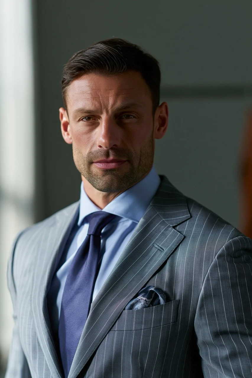 An executive wearing a bespoke charcoal chalkstripe wool suit during a portrait in a sunlit financial district boardroom.
