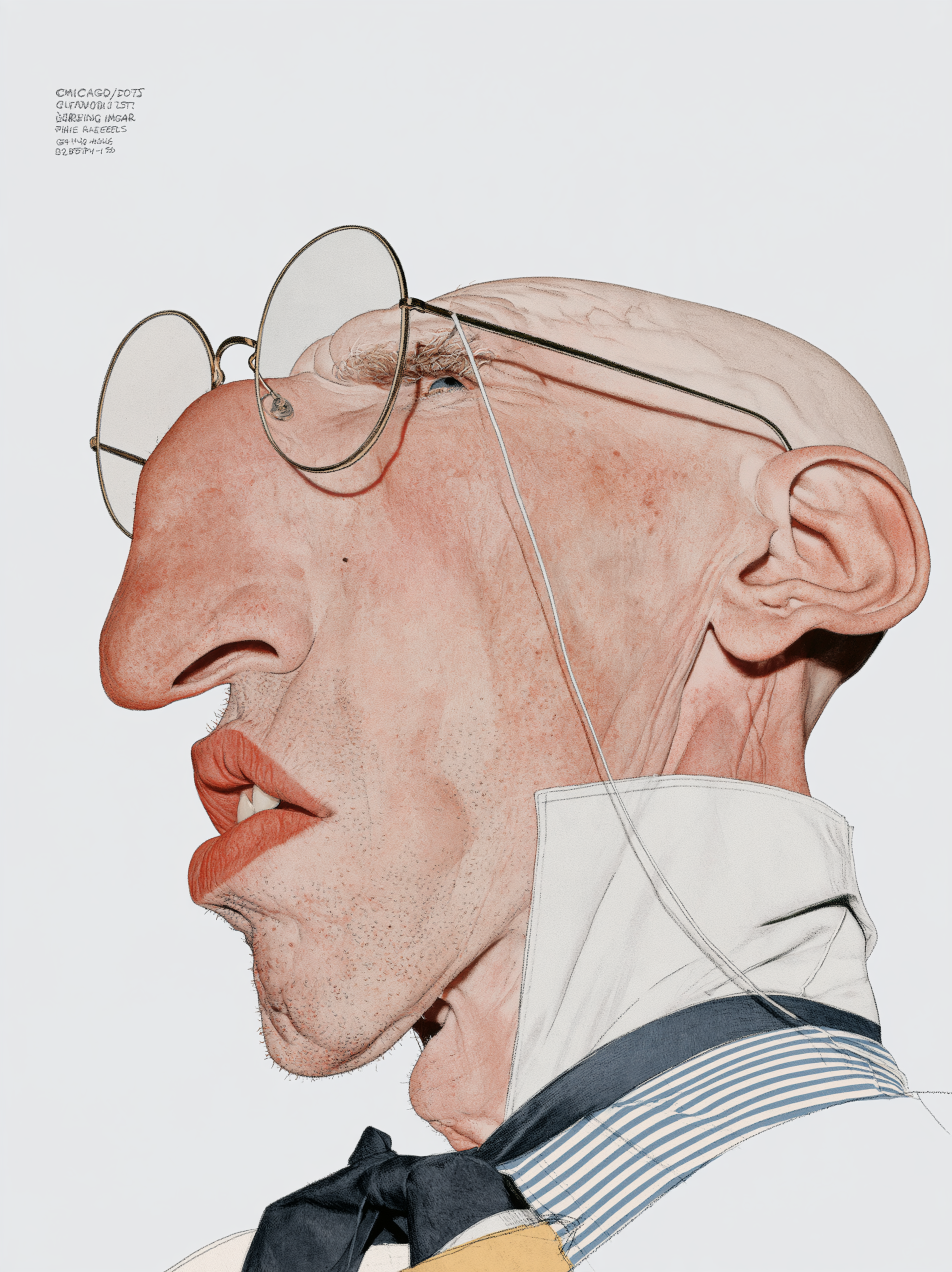 A portrait of a person rendered with the bold cartoon distortions and vibrant energy of the Chicago Imagists.