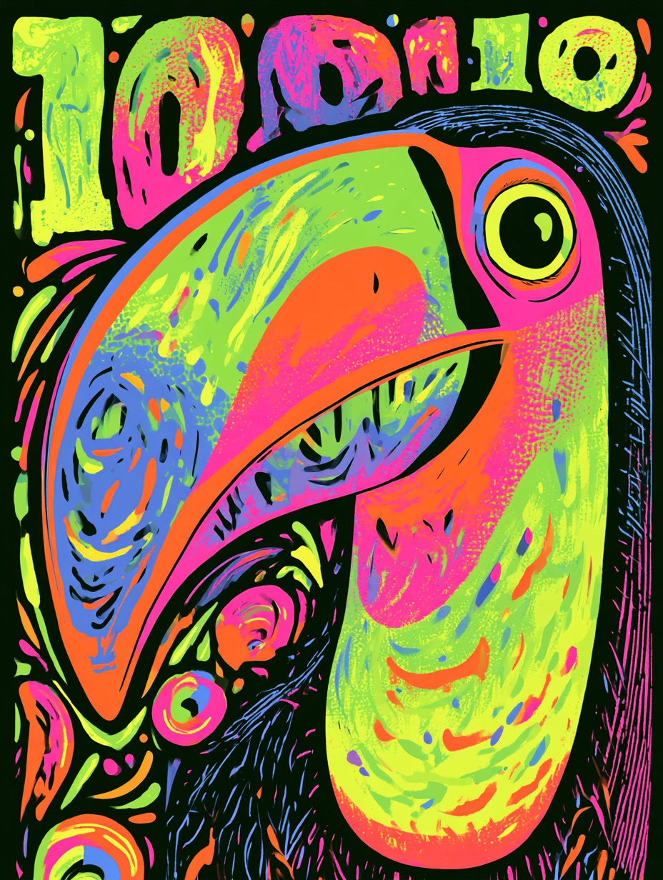 A Chicha poster with electric neon lettering and a bold toucan screenprinted on a black background.