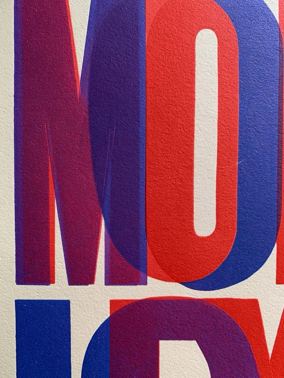 A vintage woodblock exhibition poster featuring bold chromatic type with overlapping red, blue, and yellow ink layers on cream paper.