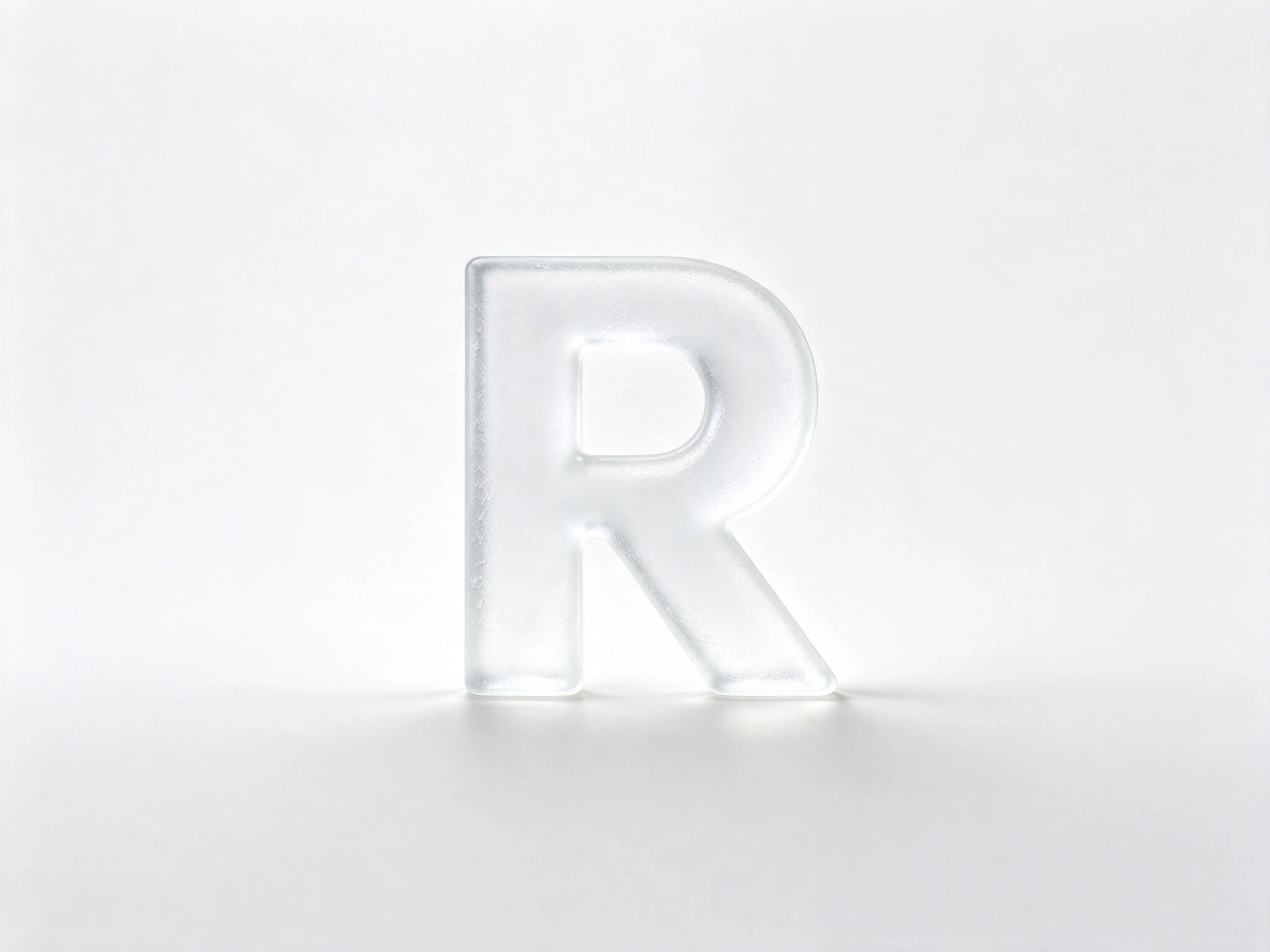Chunky frosted glass letter R glowing softly, centered on a seamless white background.