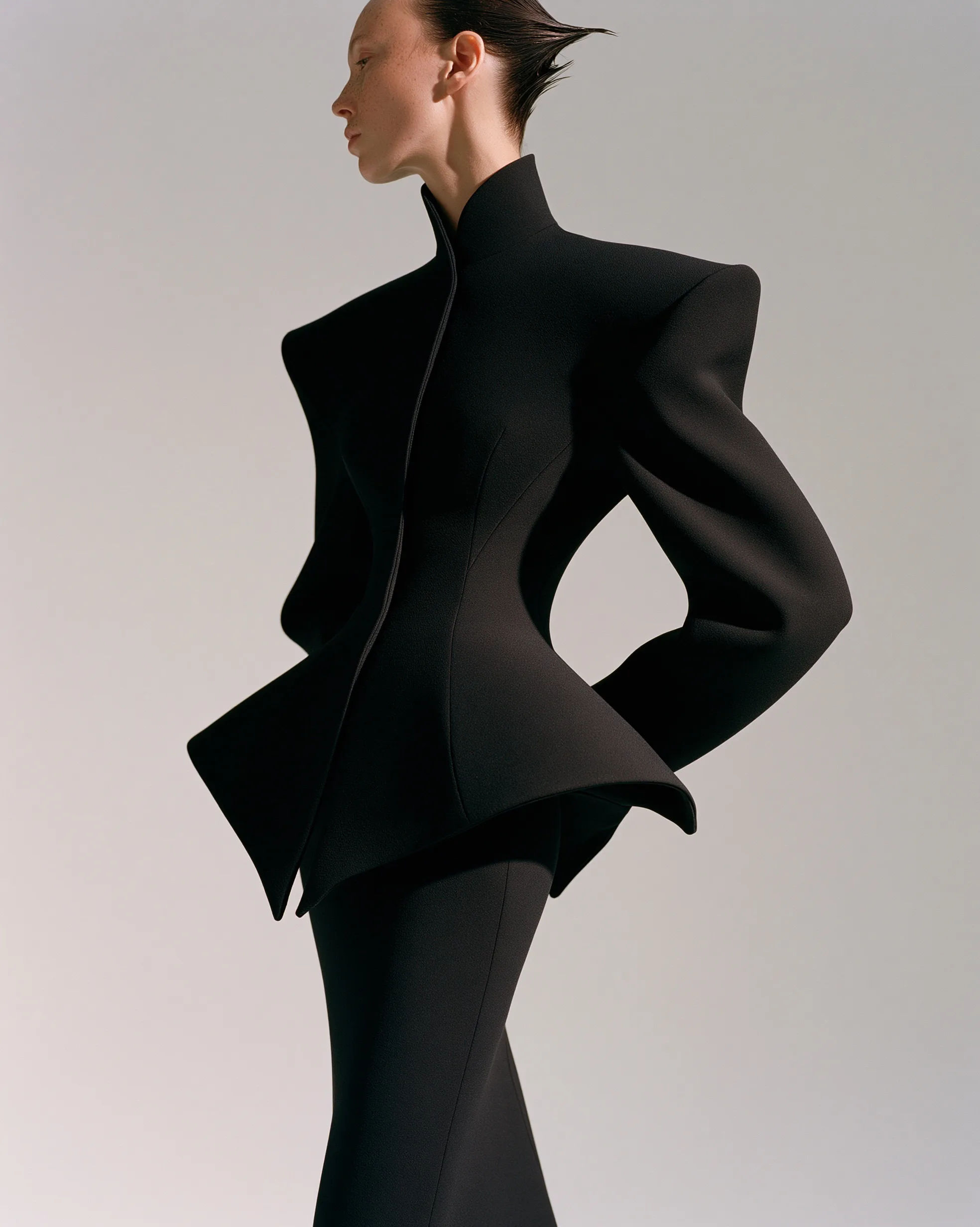 A tailored wool crepe jacket featuring a sharp cinched hourglass silhouette, captured in profile against a soft gray backdrop.
