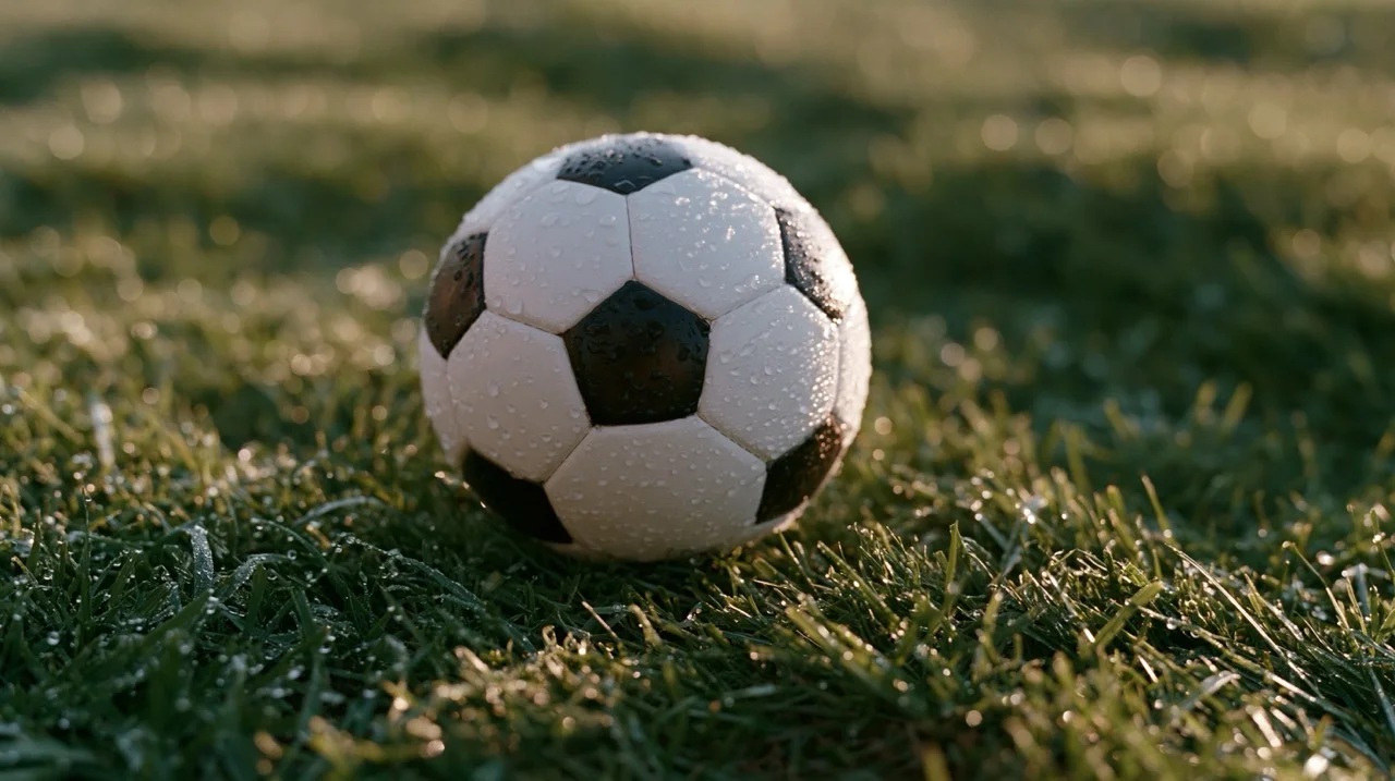 football, A classic hexagon soccer ball resting on dew-kissed green turf under dramatic morning stadium light.