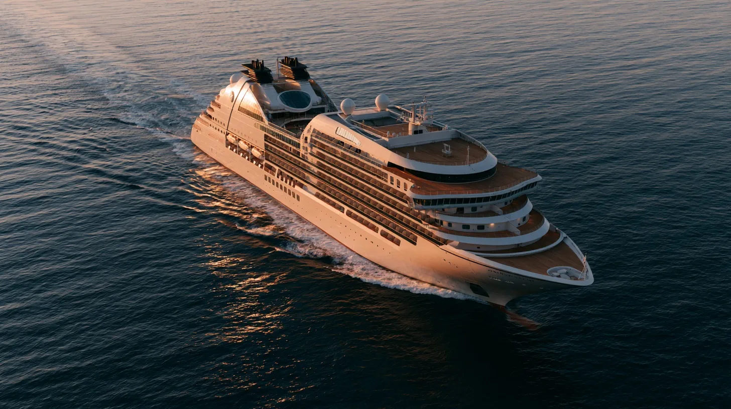 A classic ocean liner glides through calm golden twilight waters, its elegant black hull reflecting softly on the sea.
