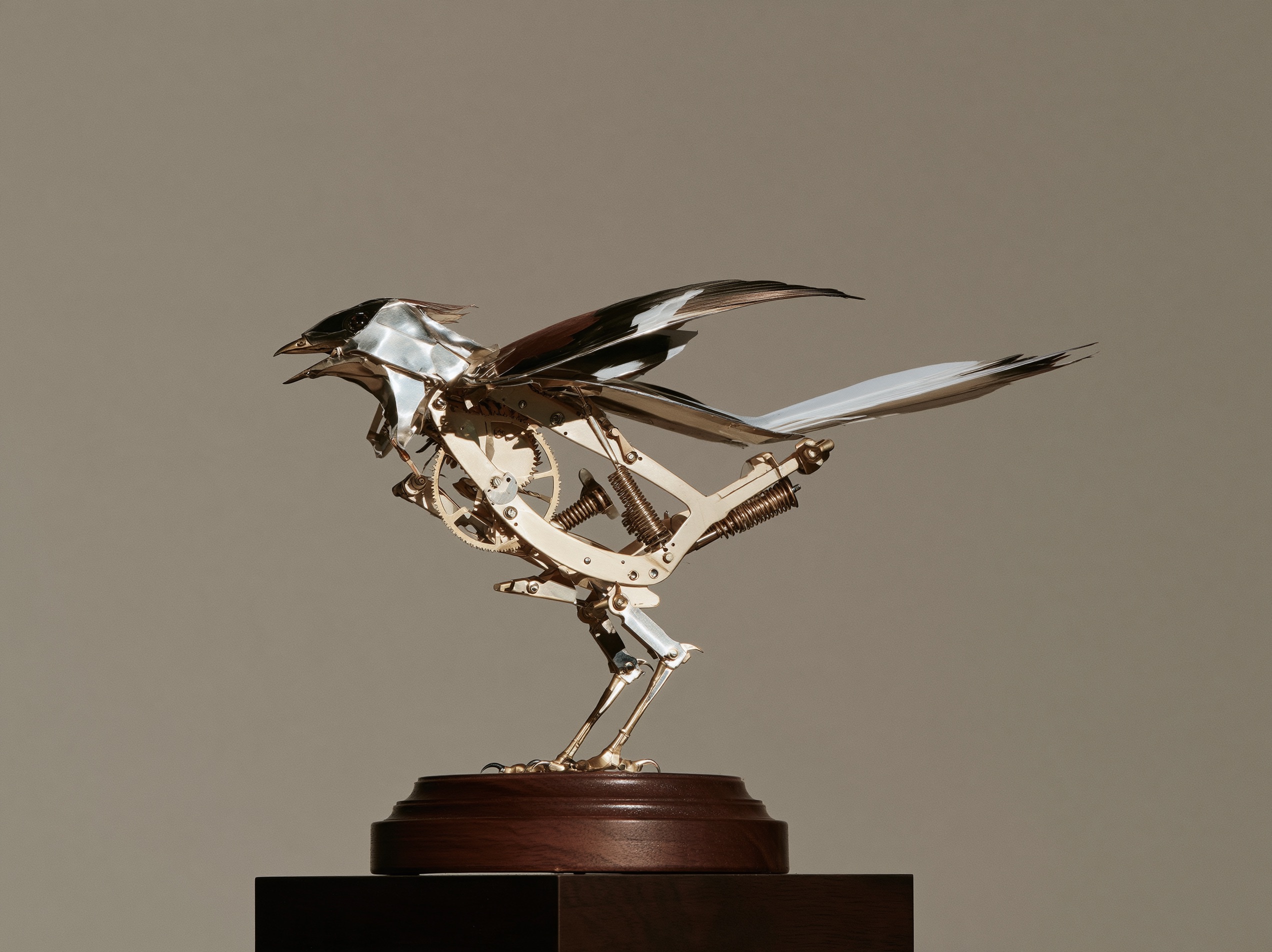 A mechanical songbird crafted in clockpunk style with exposed brass cogs, ticking escapements, and polished filigree.