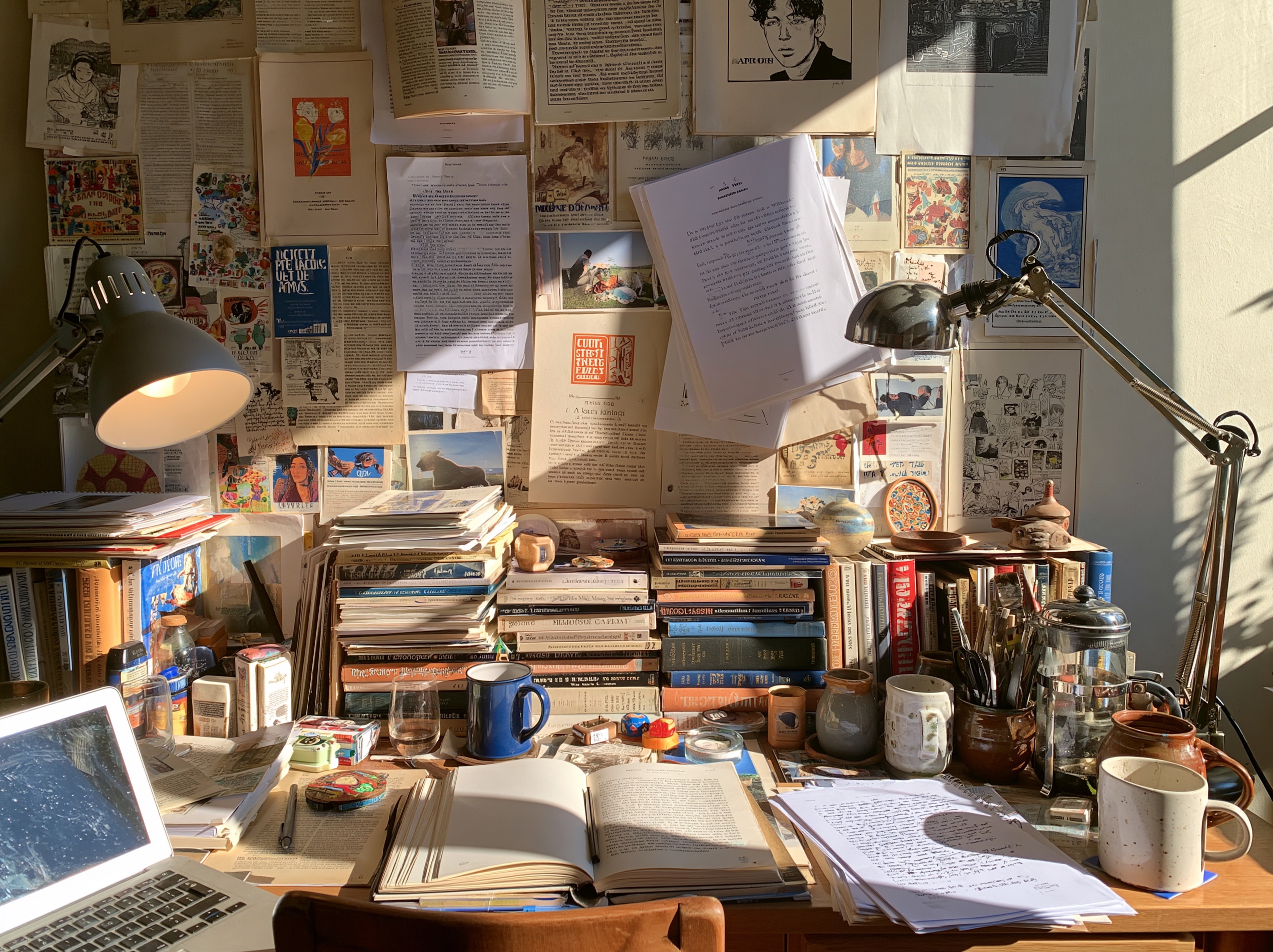 A cozy study desk rendered in cluttercore aesthetic with stacked books, wall prints, trinkets, and warm lighting.