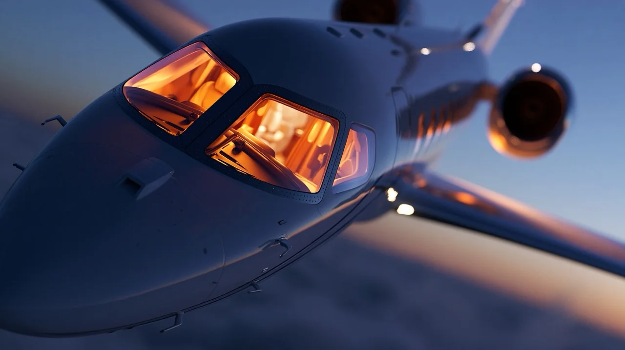 A modern private jet flying at dusk, its cabin windows emitting a warm, inviting cockpit glow against the deep twilight gradient. airplane