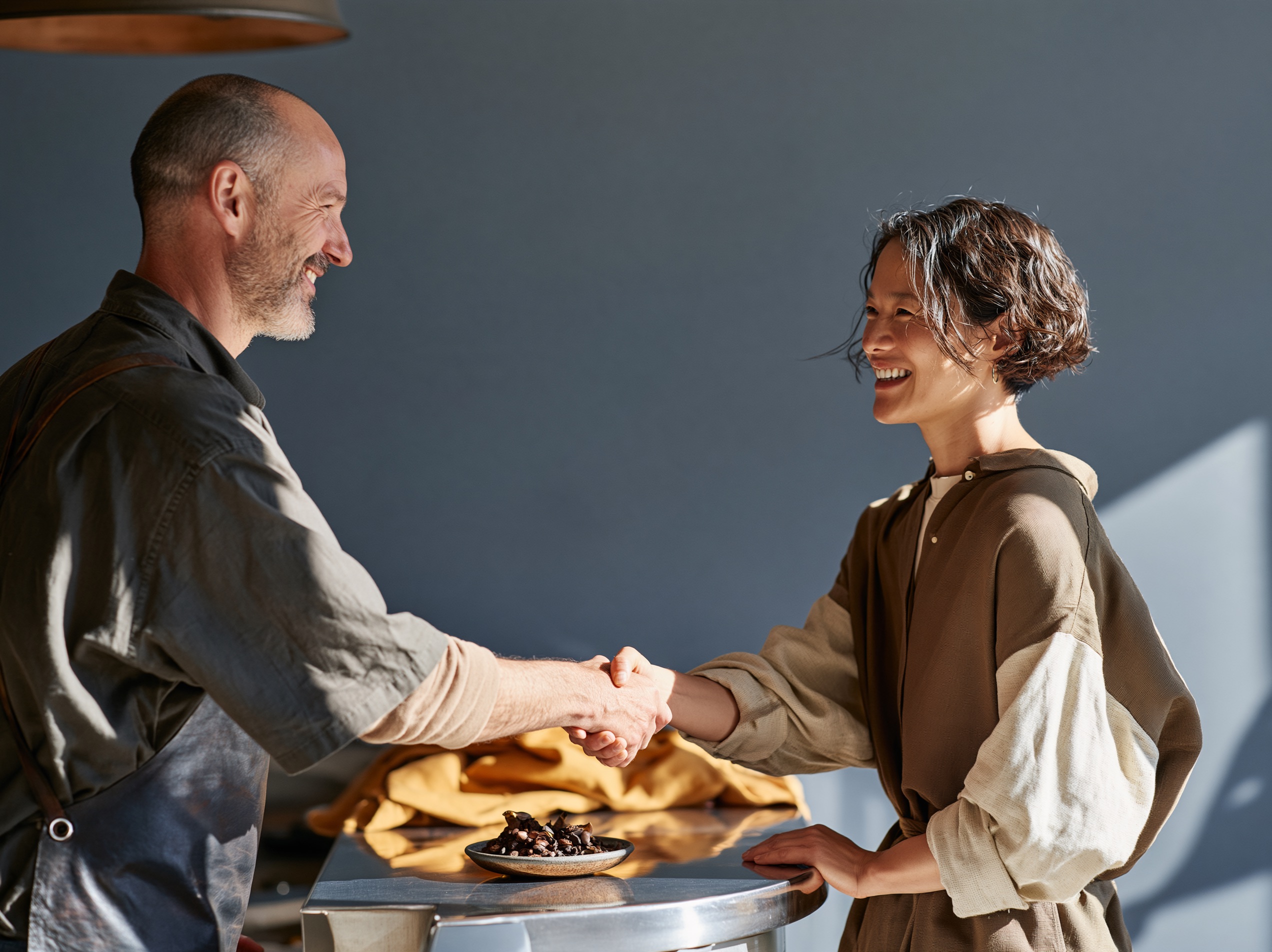 Two people cropped at the jaw shake hands over a stainless counter beside a bowl of roasted coffee beans.