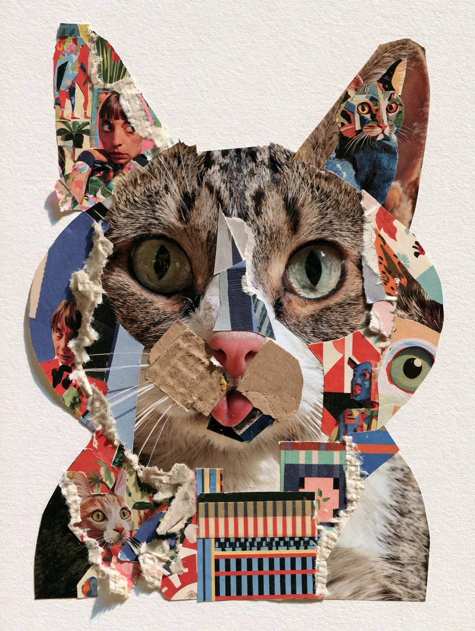 A cat made from collage, with layered cut-paper shapes and torn magazine edges on a neutral background.