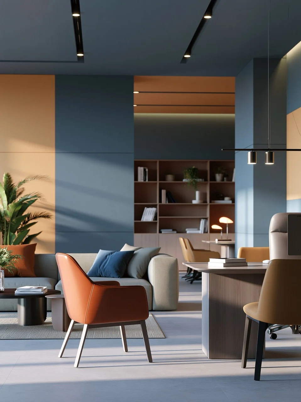 A modern conference room using color blocking with sage green and dusty rose painted on adjacent structural pillars.
