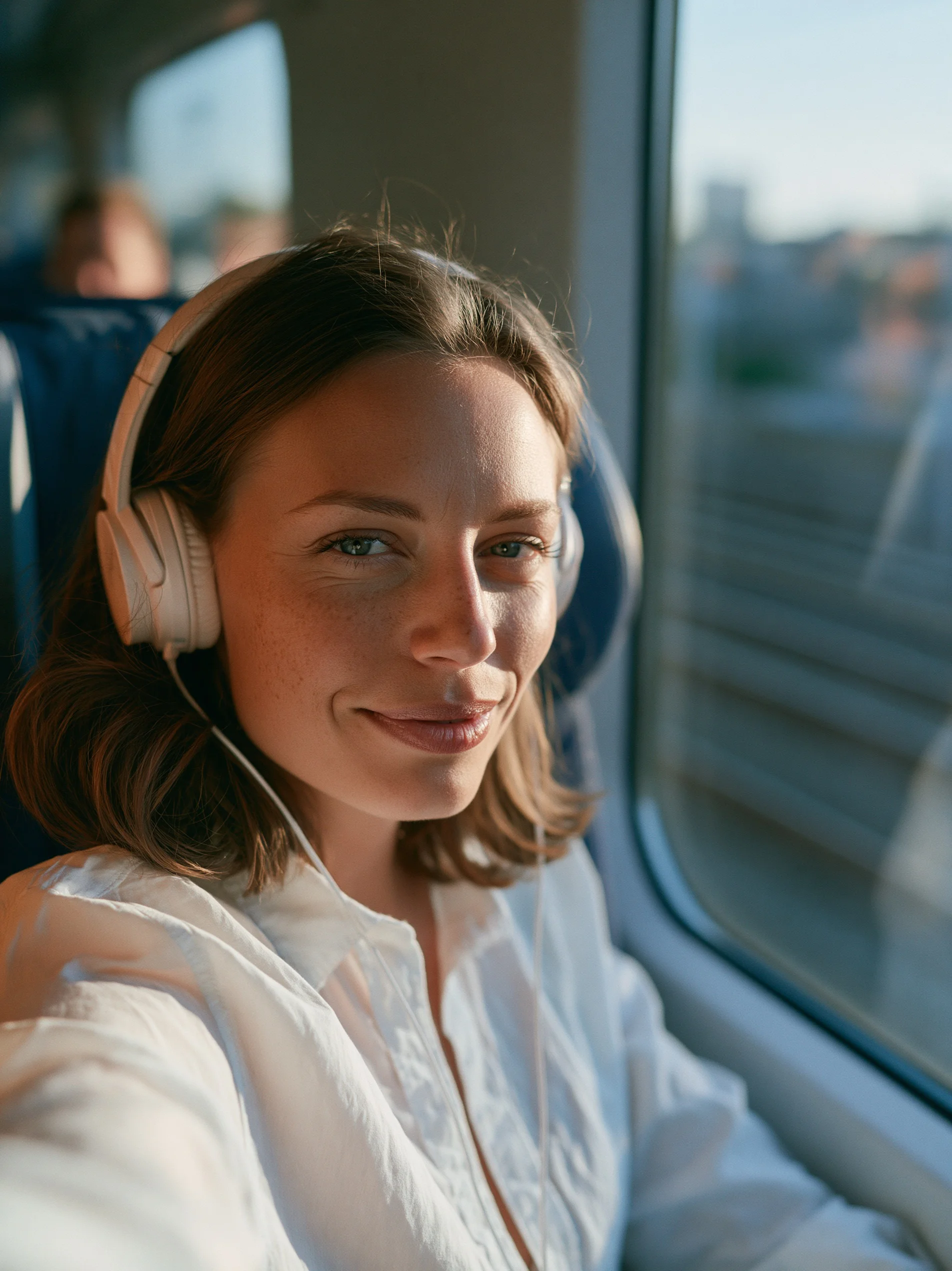 A commuter train selfie showing a smiling businesswoman wearing over-ear headphones, with the warm morning sun streaming through the window of a moving subway car.