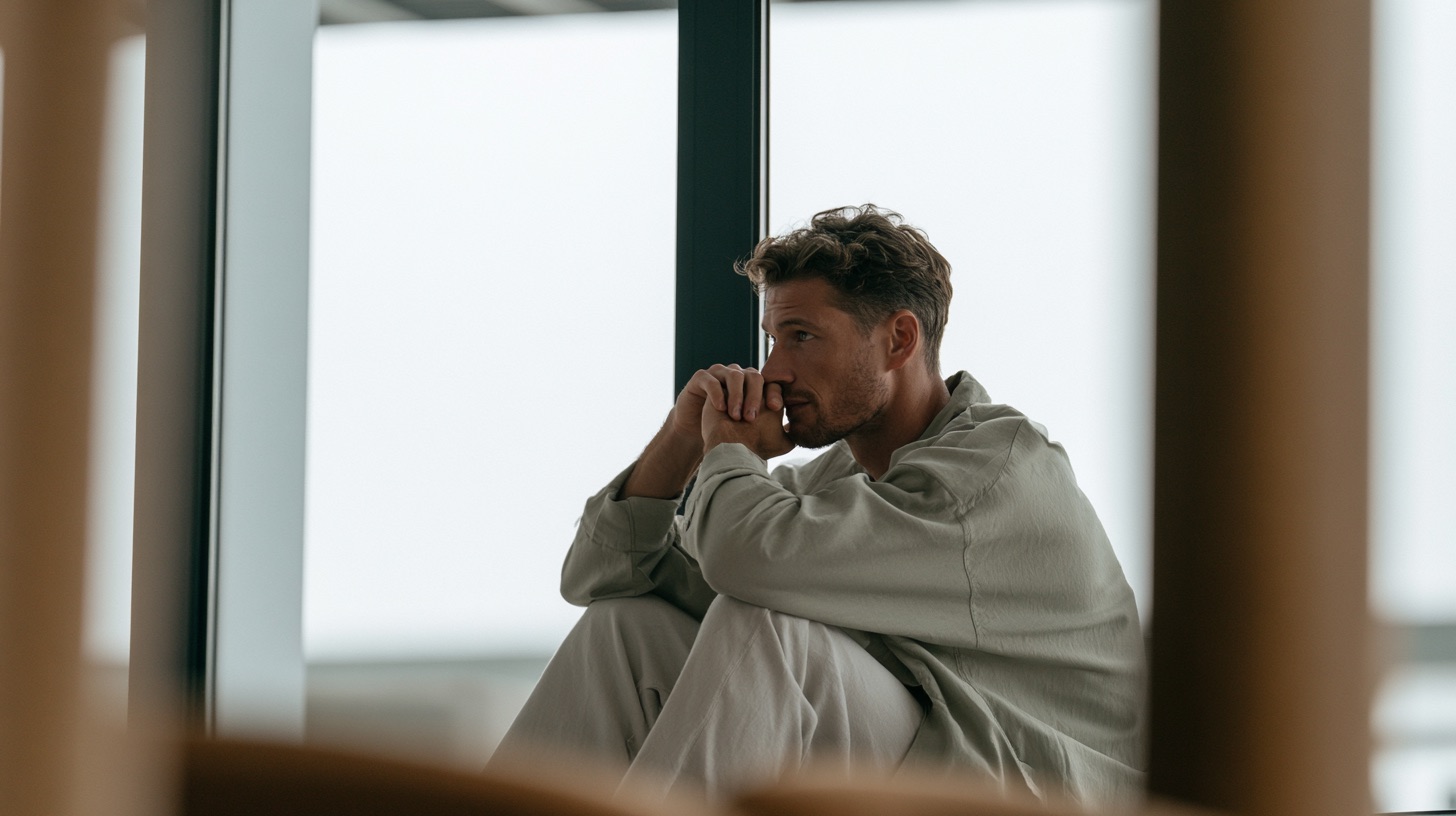 A quiet scene of a solitary man by a window, captured with contemplative eye-level framing in a minimalist interior.