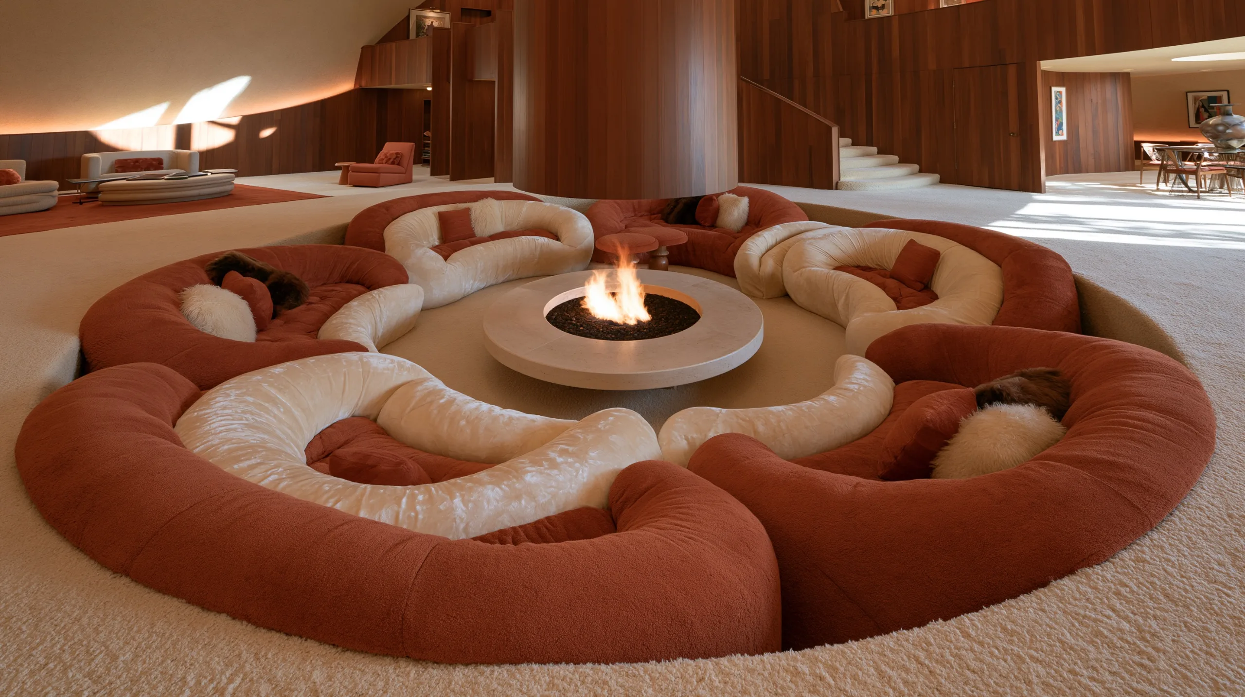 A warm, mid-century modern living room featuring a sunken conversation pit lined with plush orange and cream cushions.