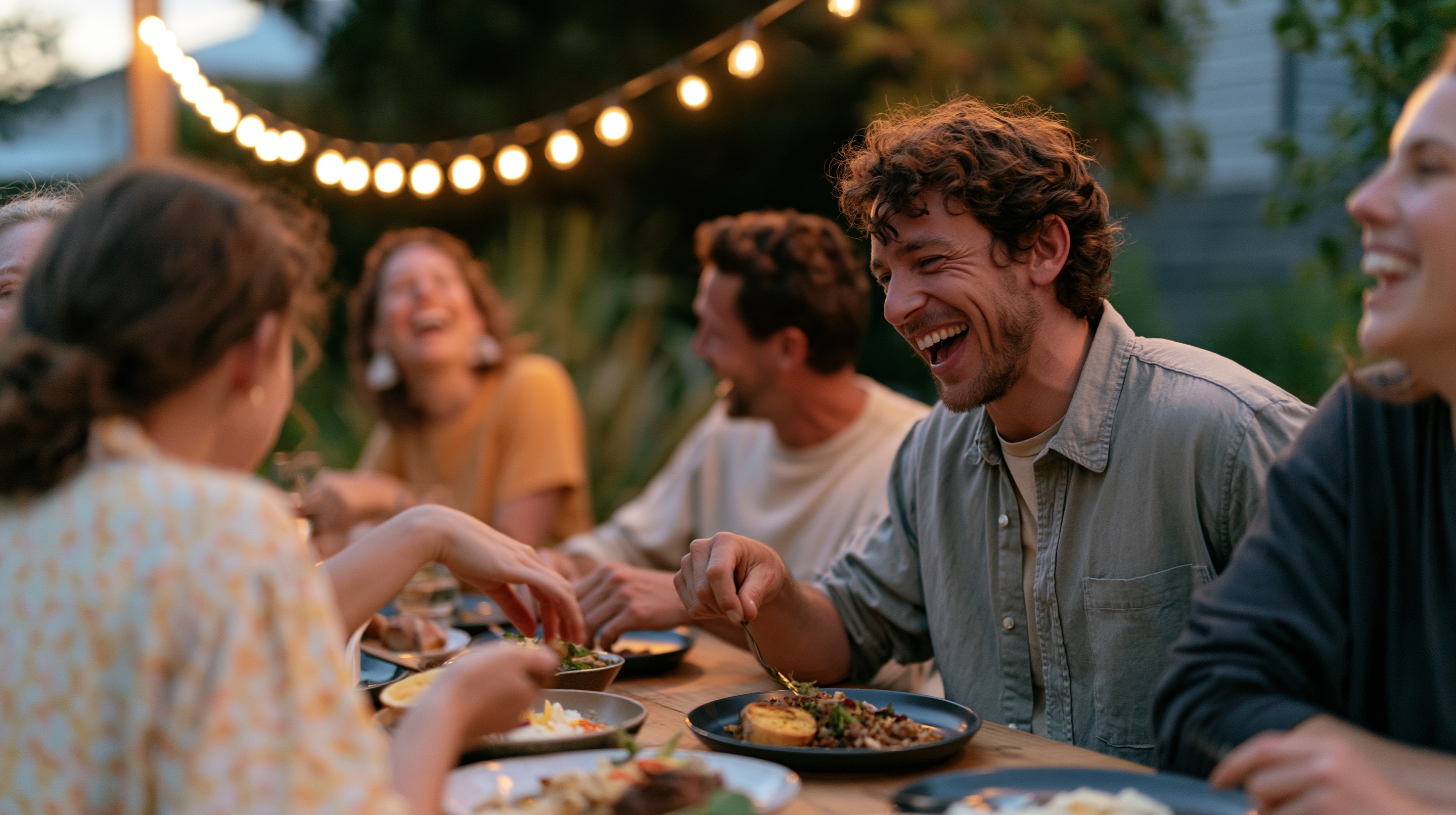 A convivial outdoor dinner party at dusk, with friends laughing under warm string lights around a rustic wooden table.
