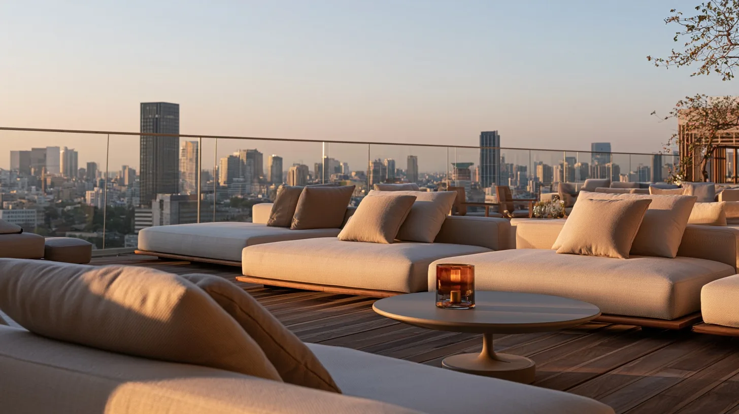 A modern corporate rooftop terrace at sunset with sleek wood lounge seating, glass railings, and a soft city skyline backdrop.